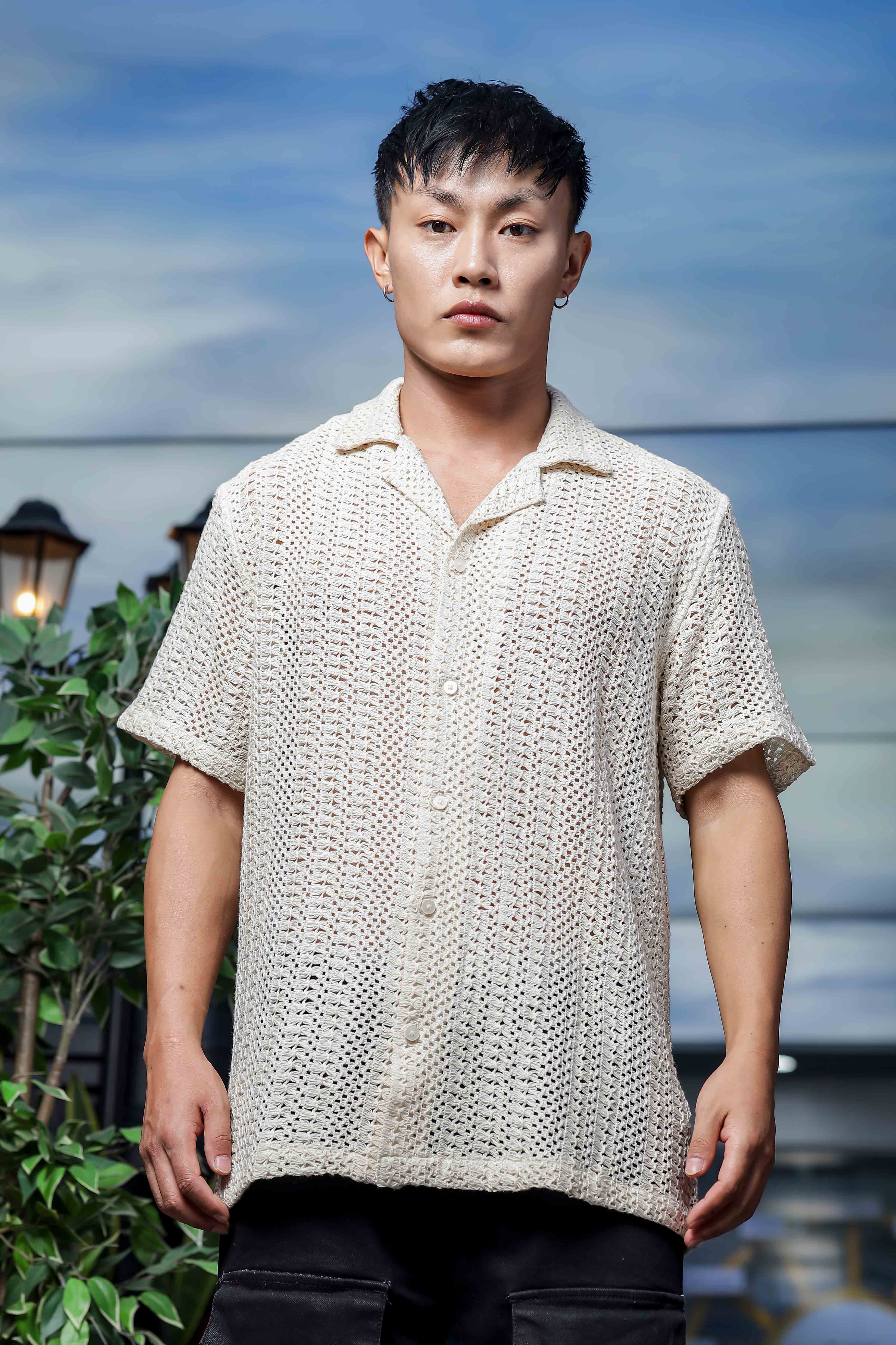 Men Off White Crochet Shirt - Image 2