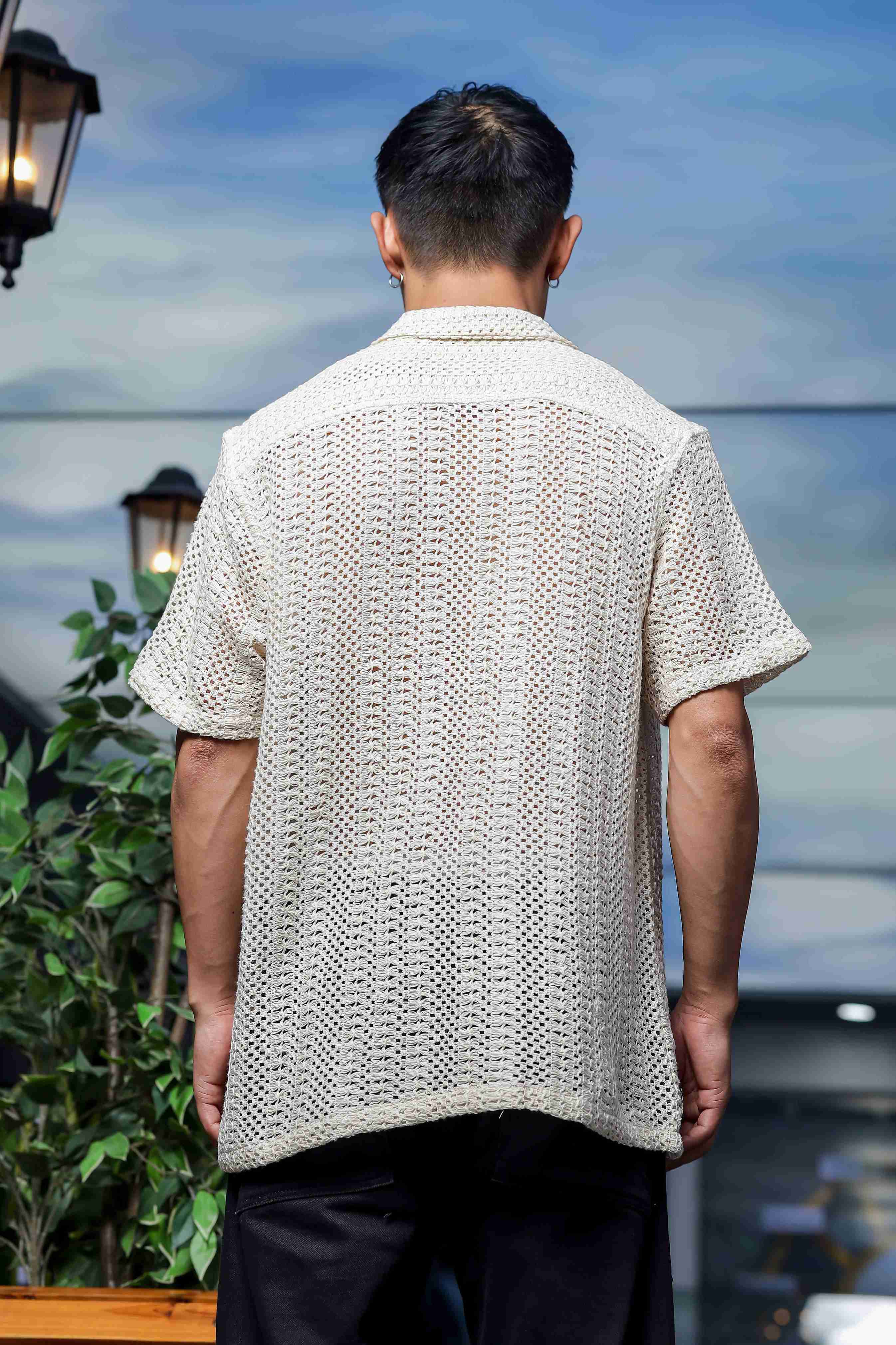Men Off White Crochet Shirt - Image 3