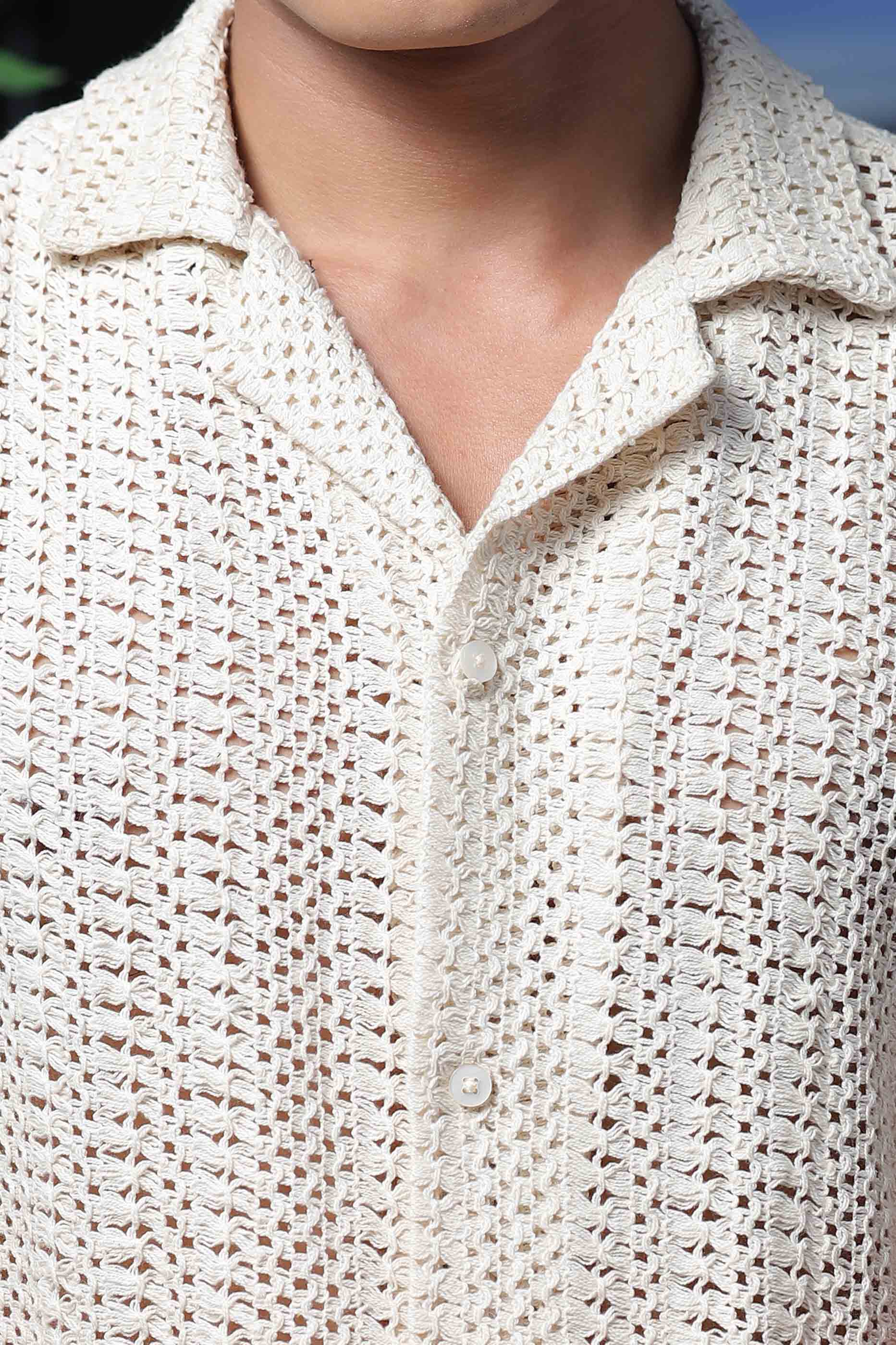 Men Off White Crochet Shirt - Image 4