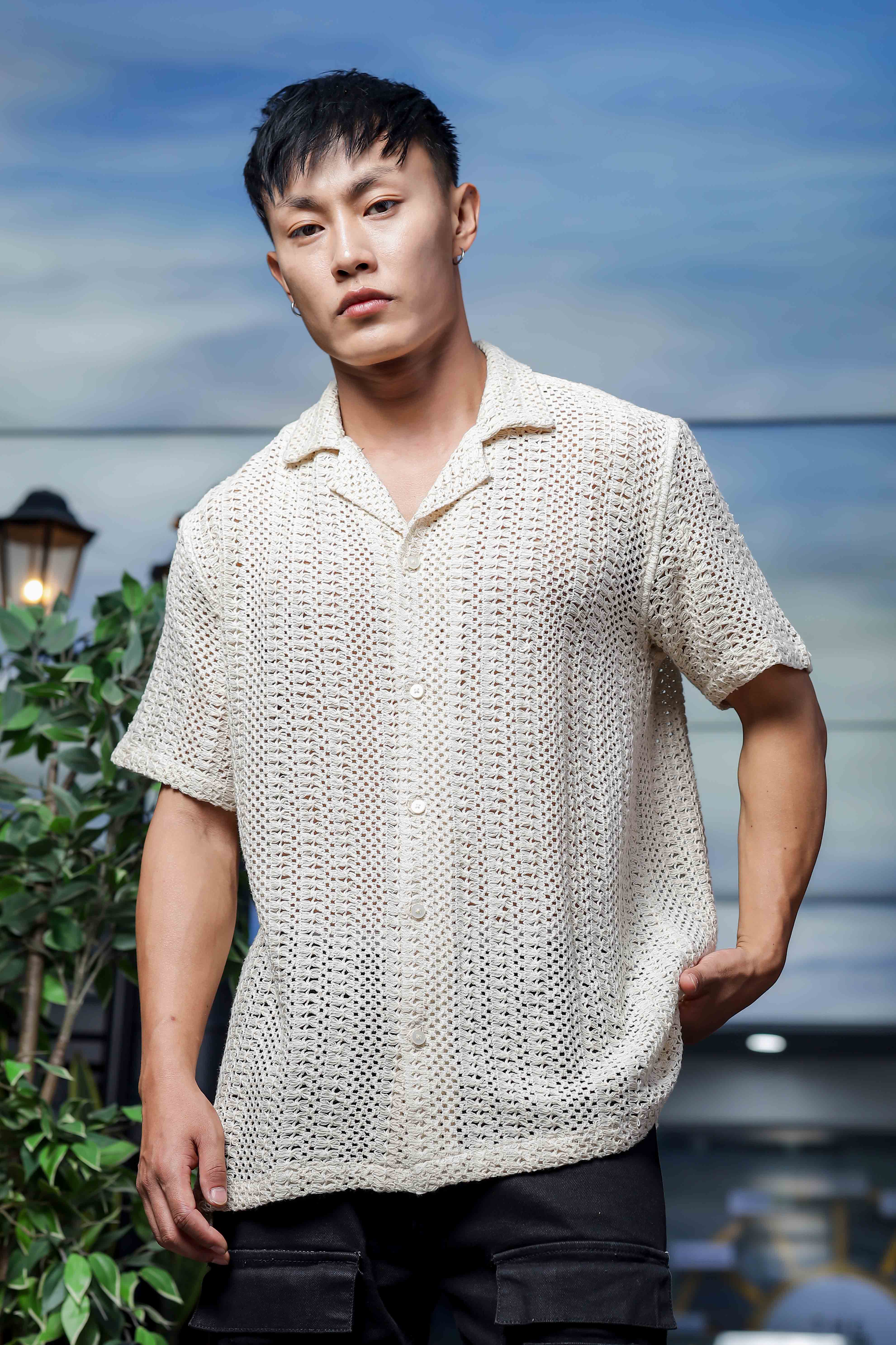 Men Off White Crochet Shirt - Image 5