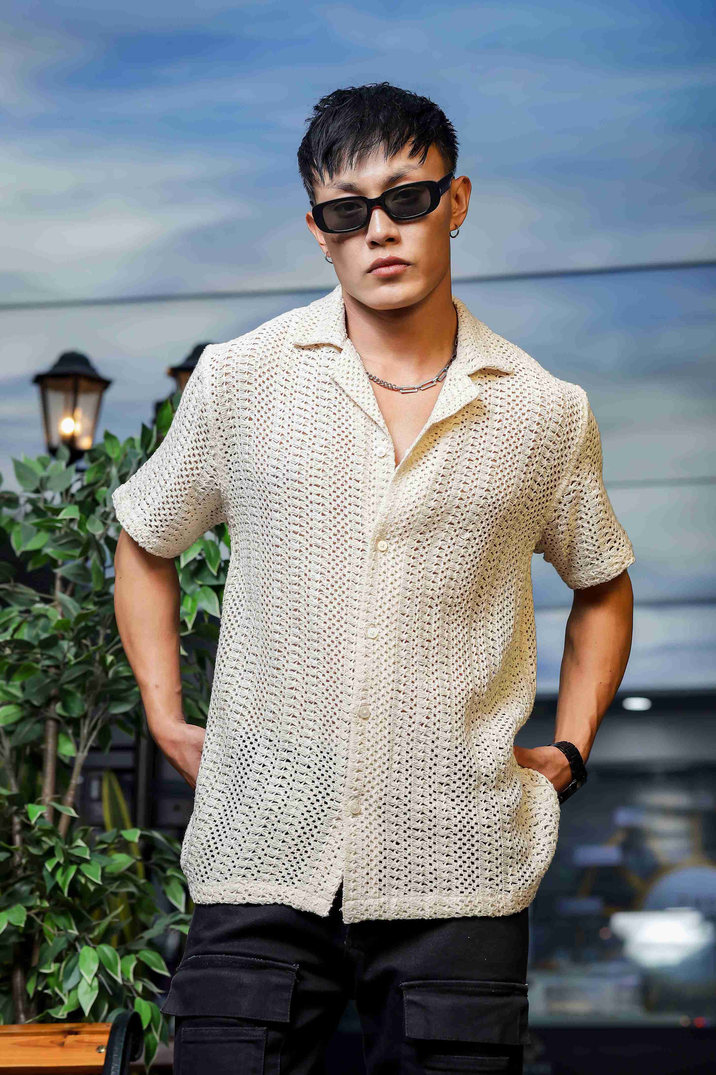 Men Off White Crochet Shirt - Image 7