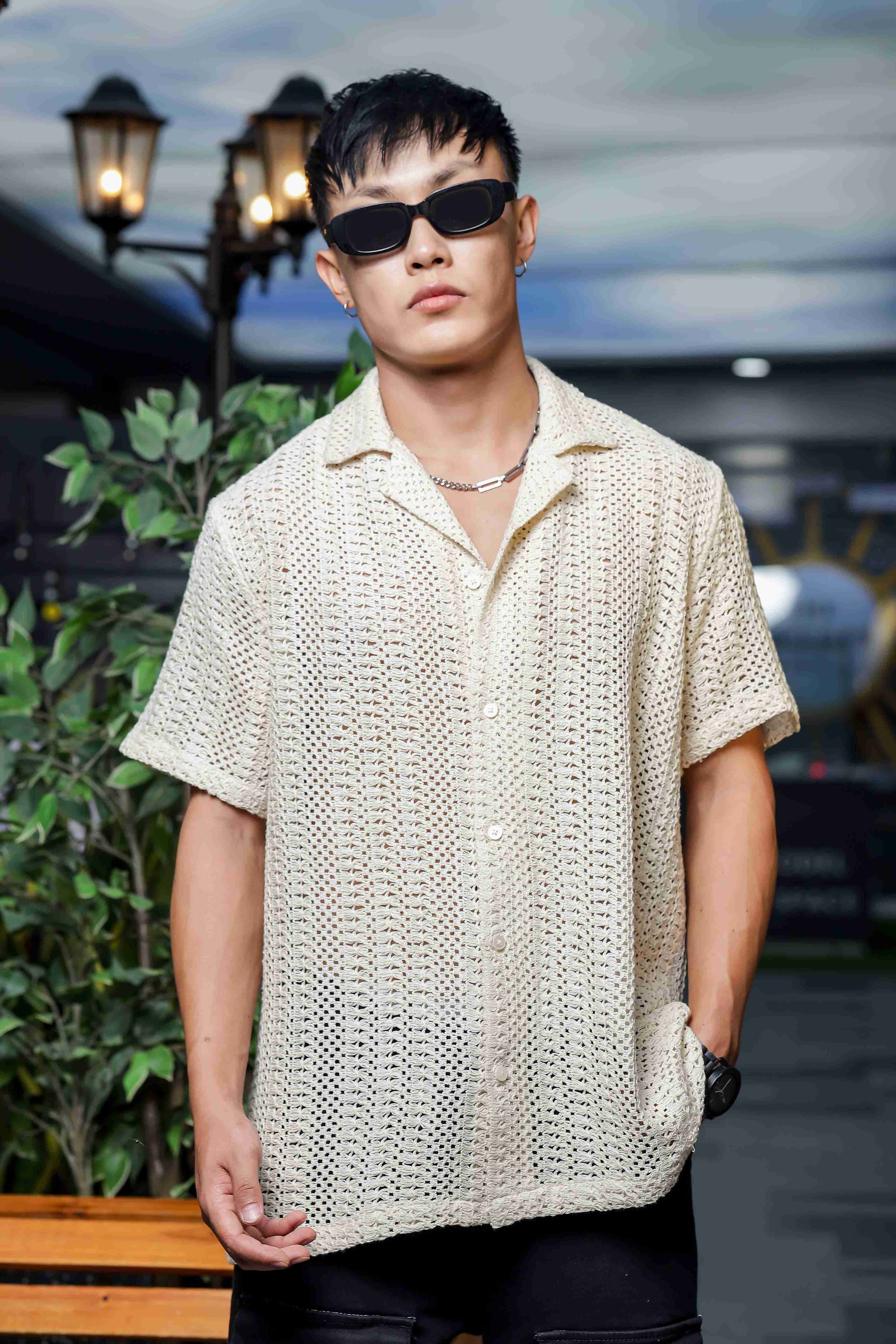 Men Off White Crochet Shirt - Image 8