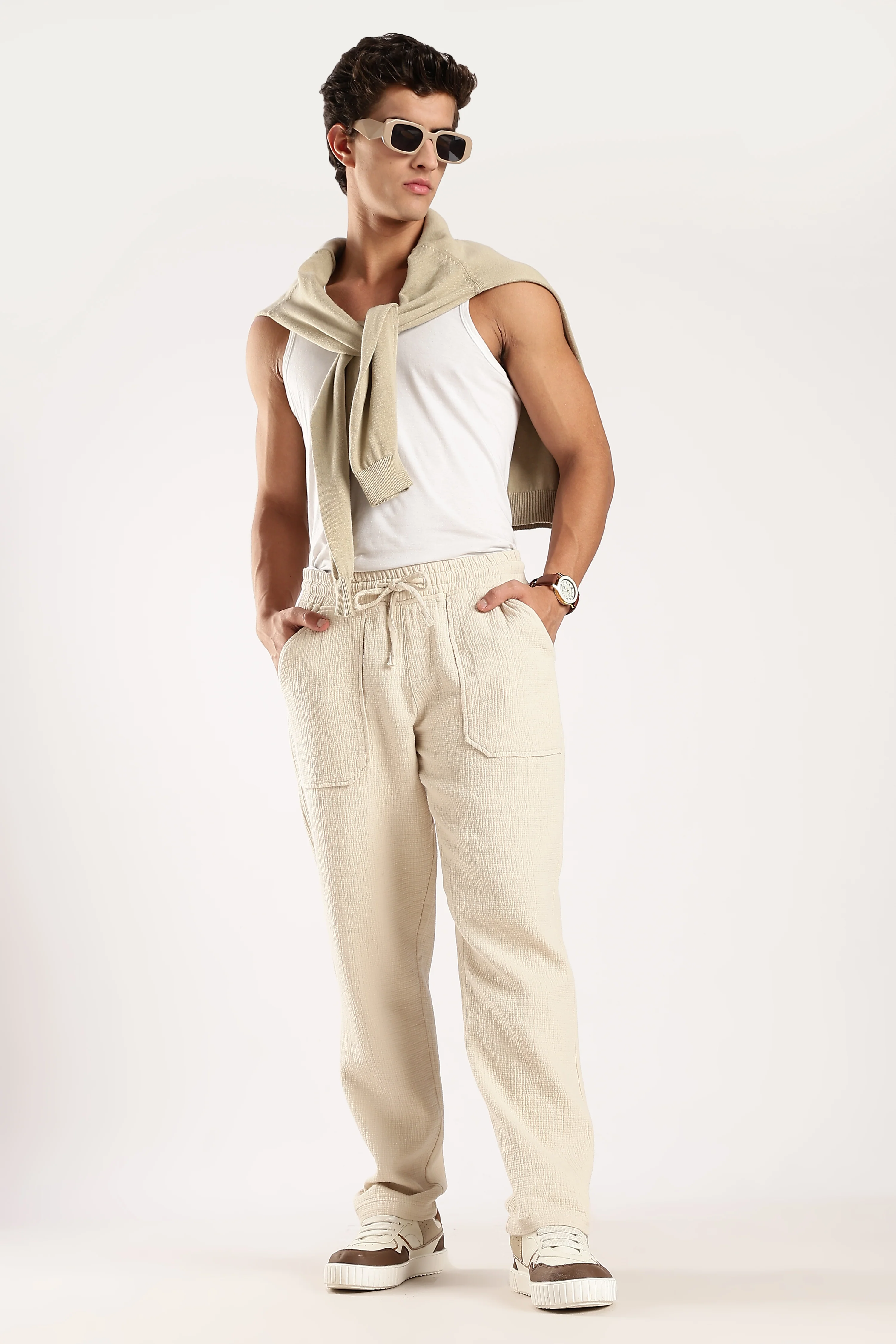 Men Off White Drawcord Trousers - Image 11