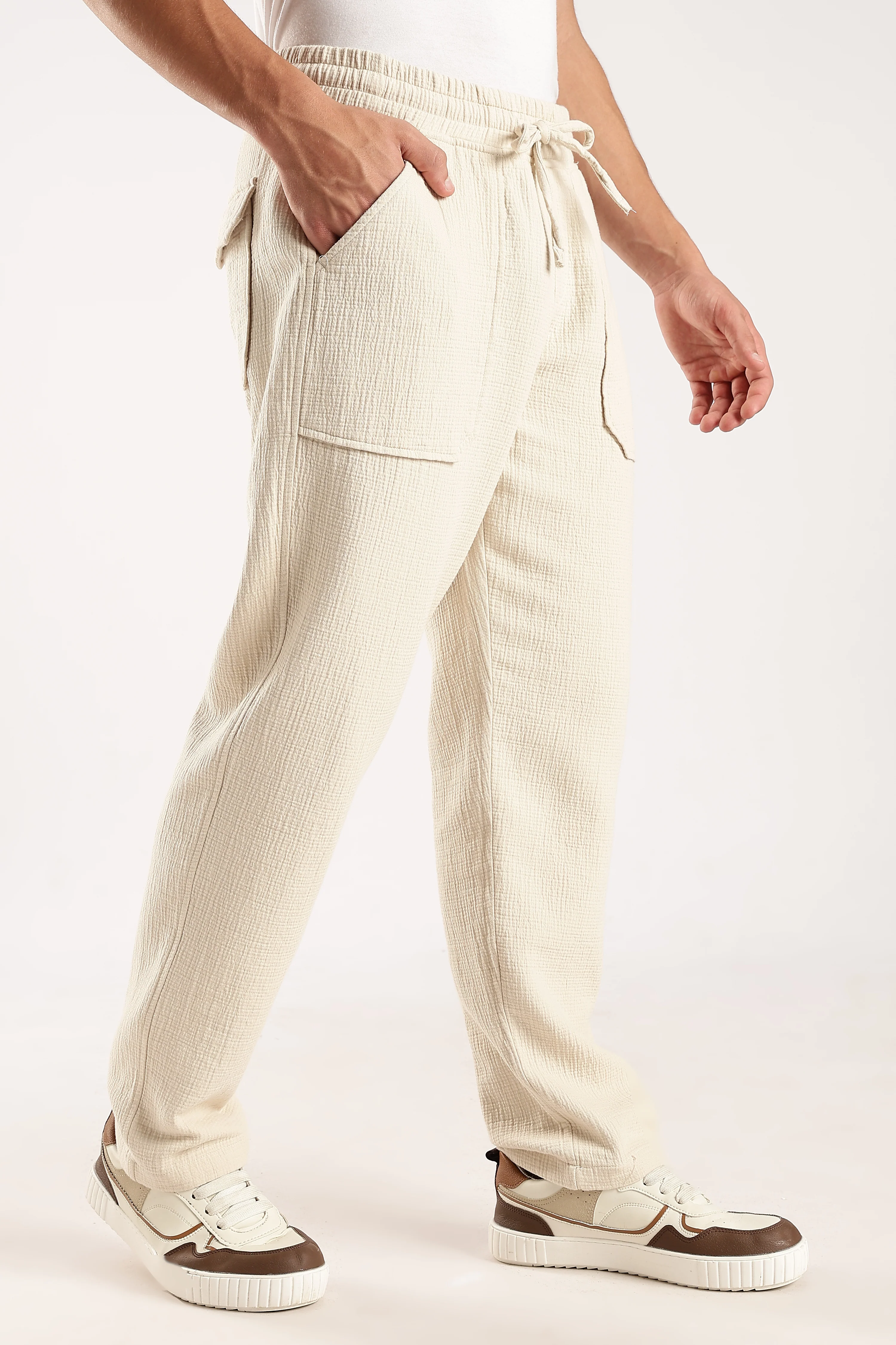 Men Off White Drawcord Trousers - Image 4