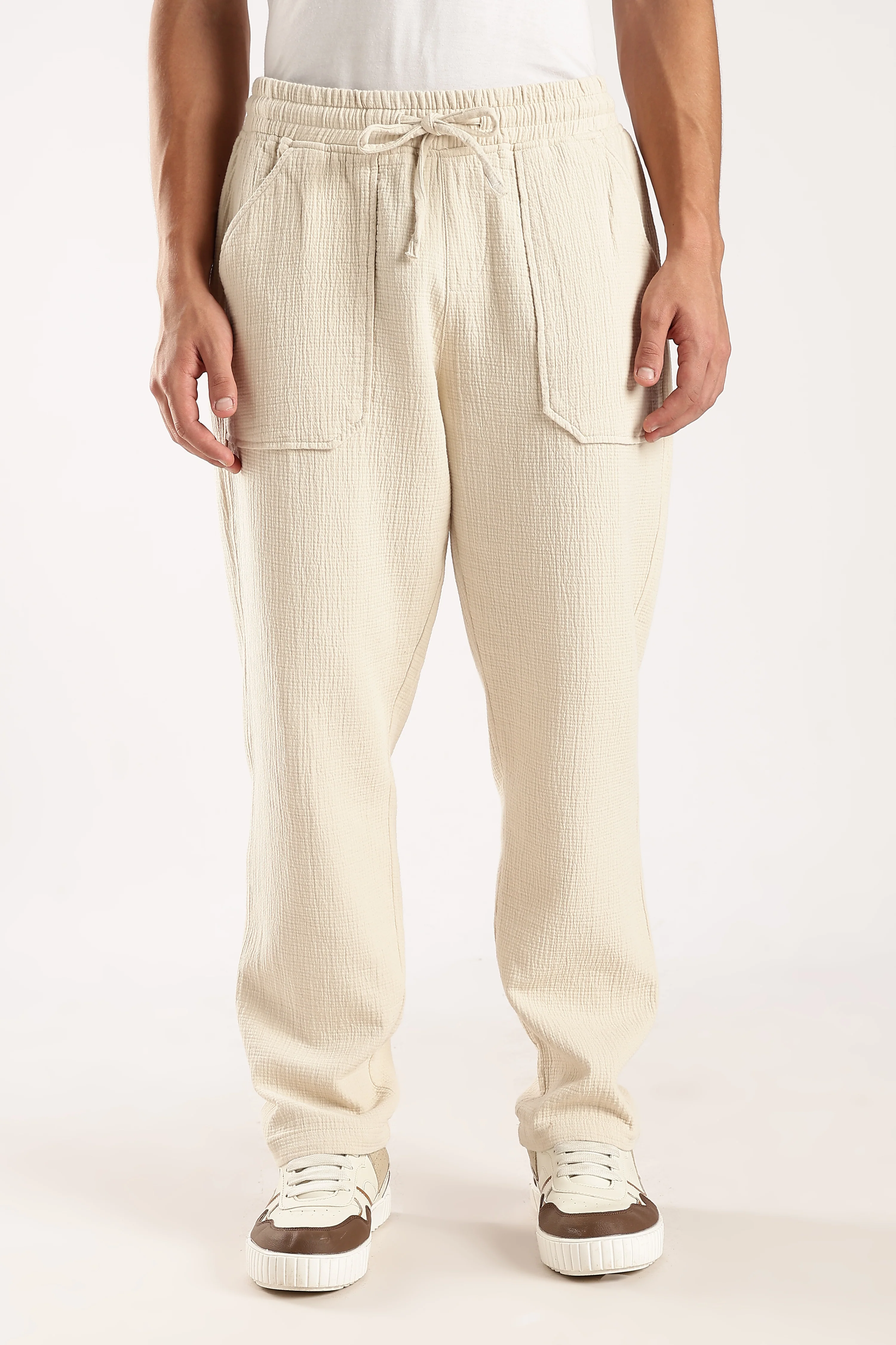 Men Off White Drawcord Trousers - Image 5