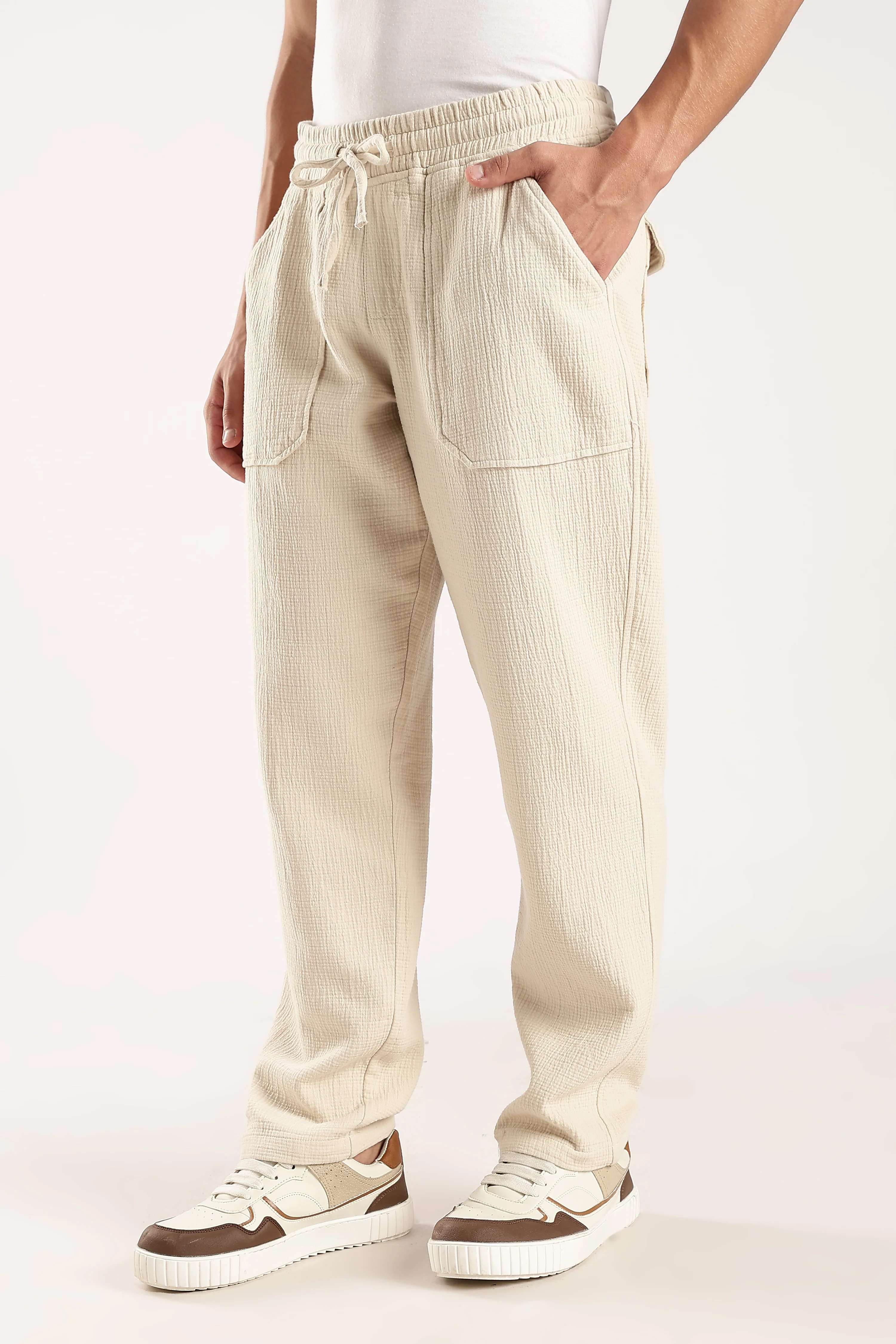 Men Off White Drawcord Trousers - Image 6