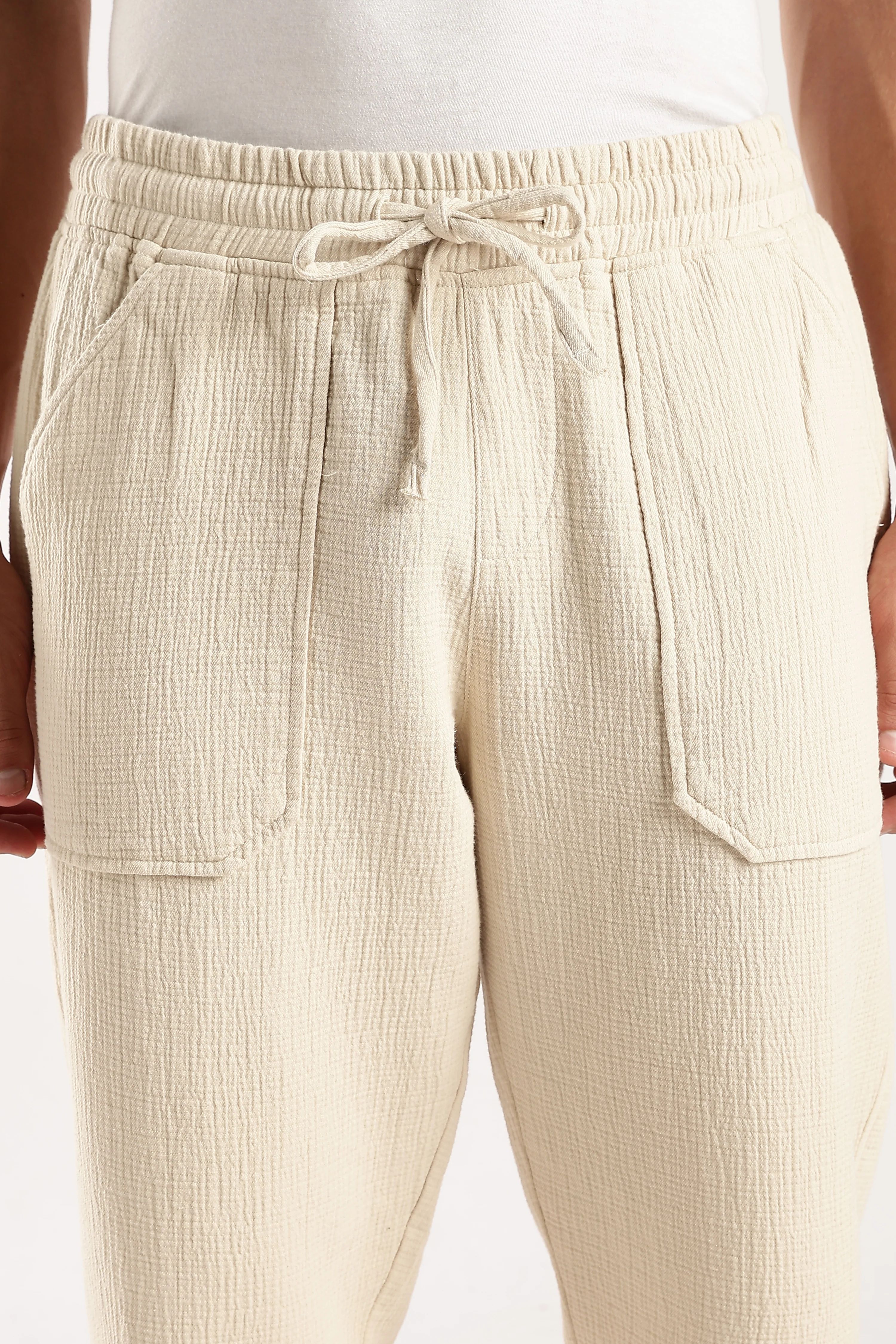 Men Off White Drawcord Trousers - Image 8