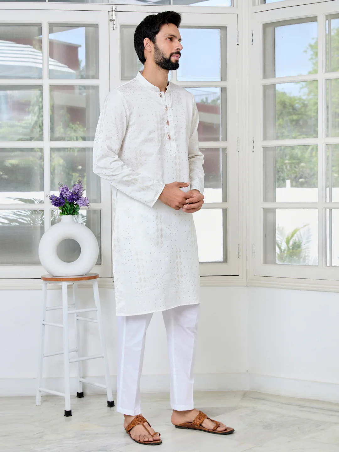 Men Off White Embossed and Foil Kurta - Image 3