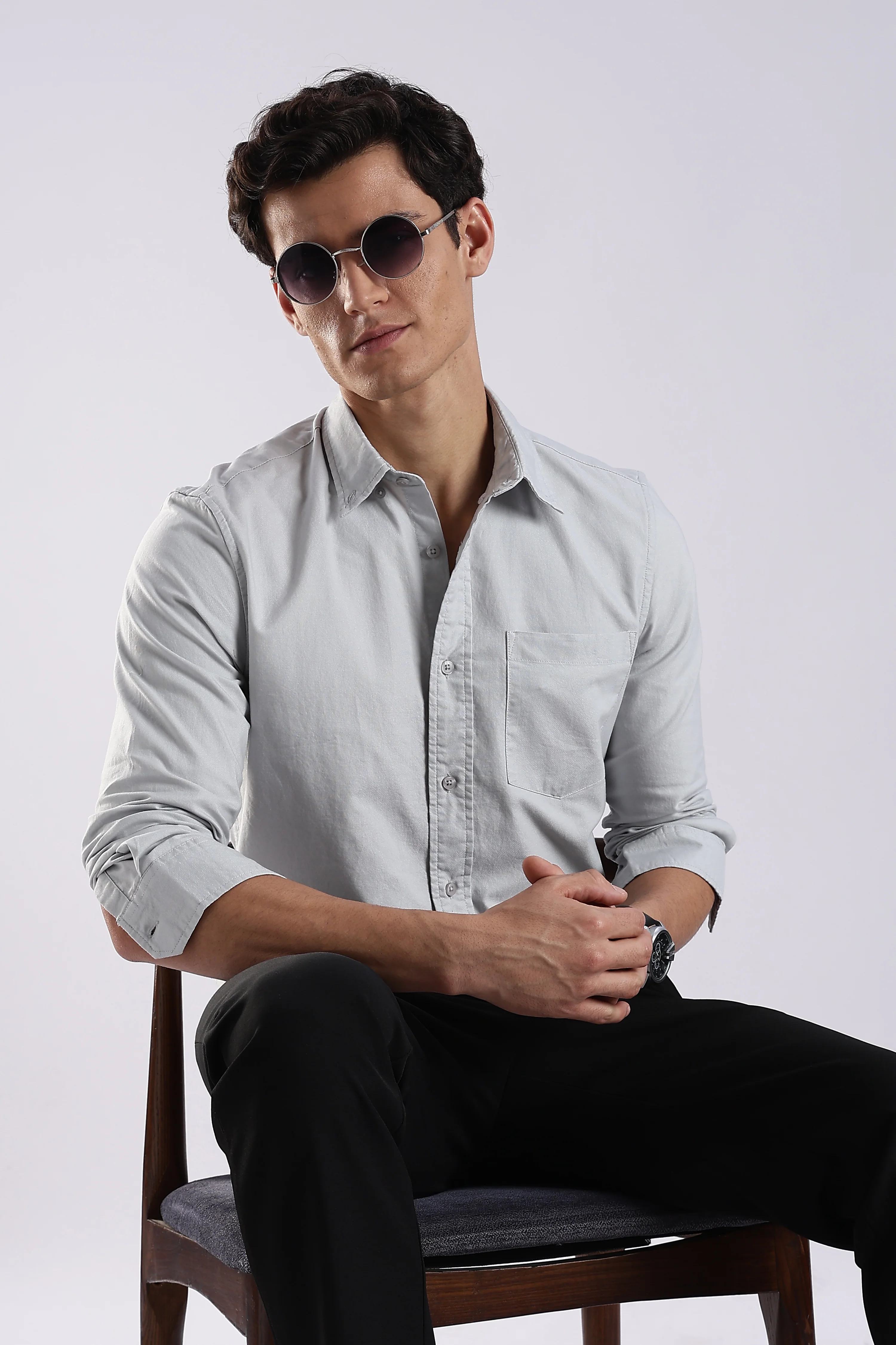 Men Off White Oxford Solid Shirt - Image 10