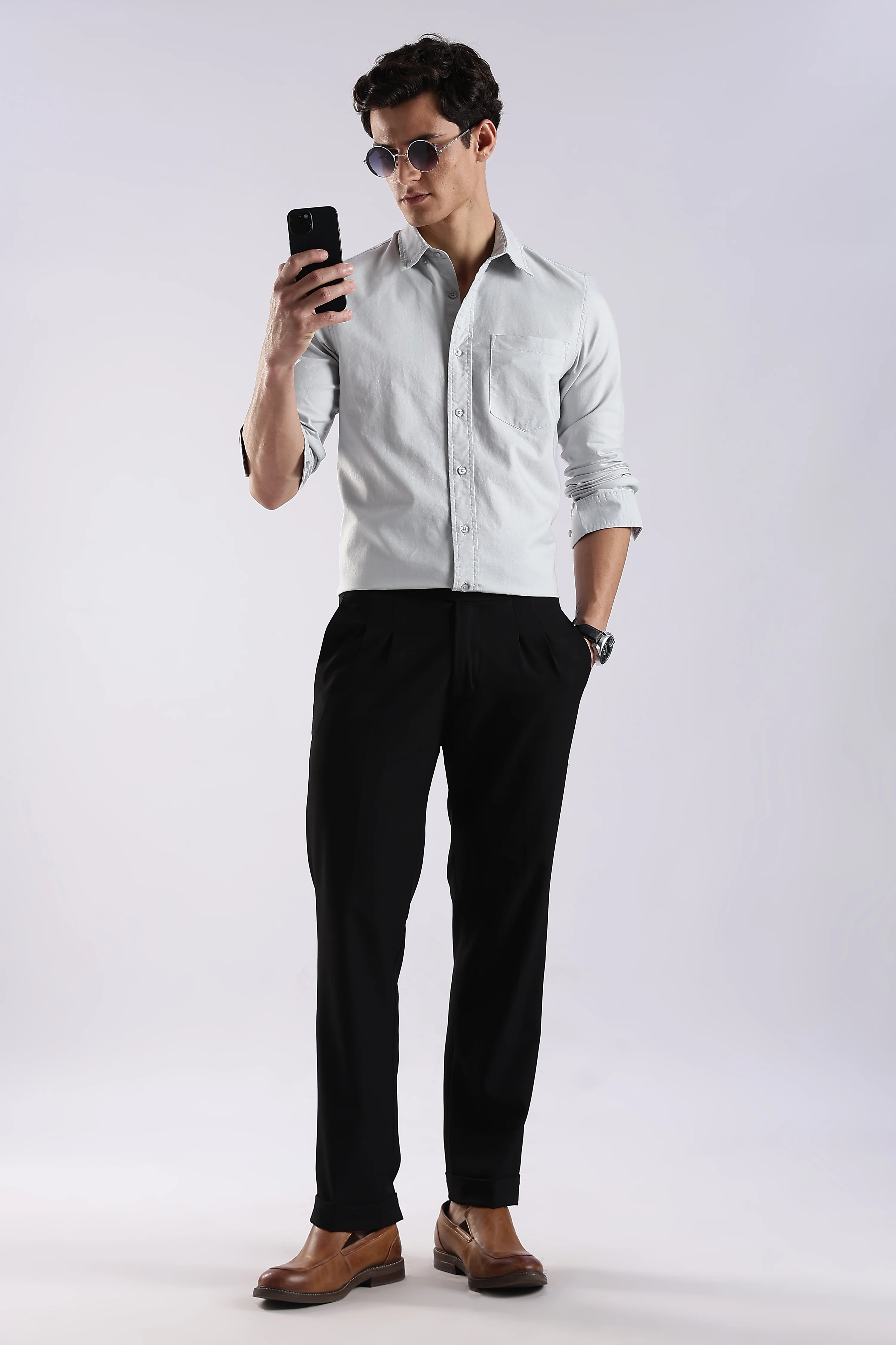 Men Off White Oxford Solid Shirt - Image 7