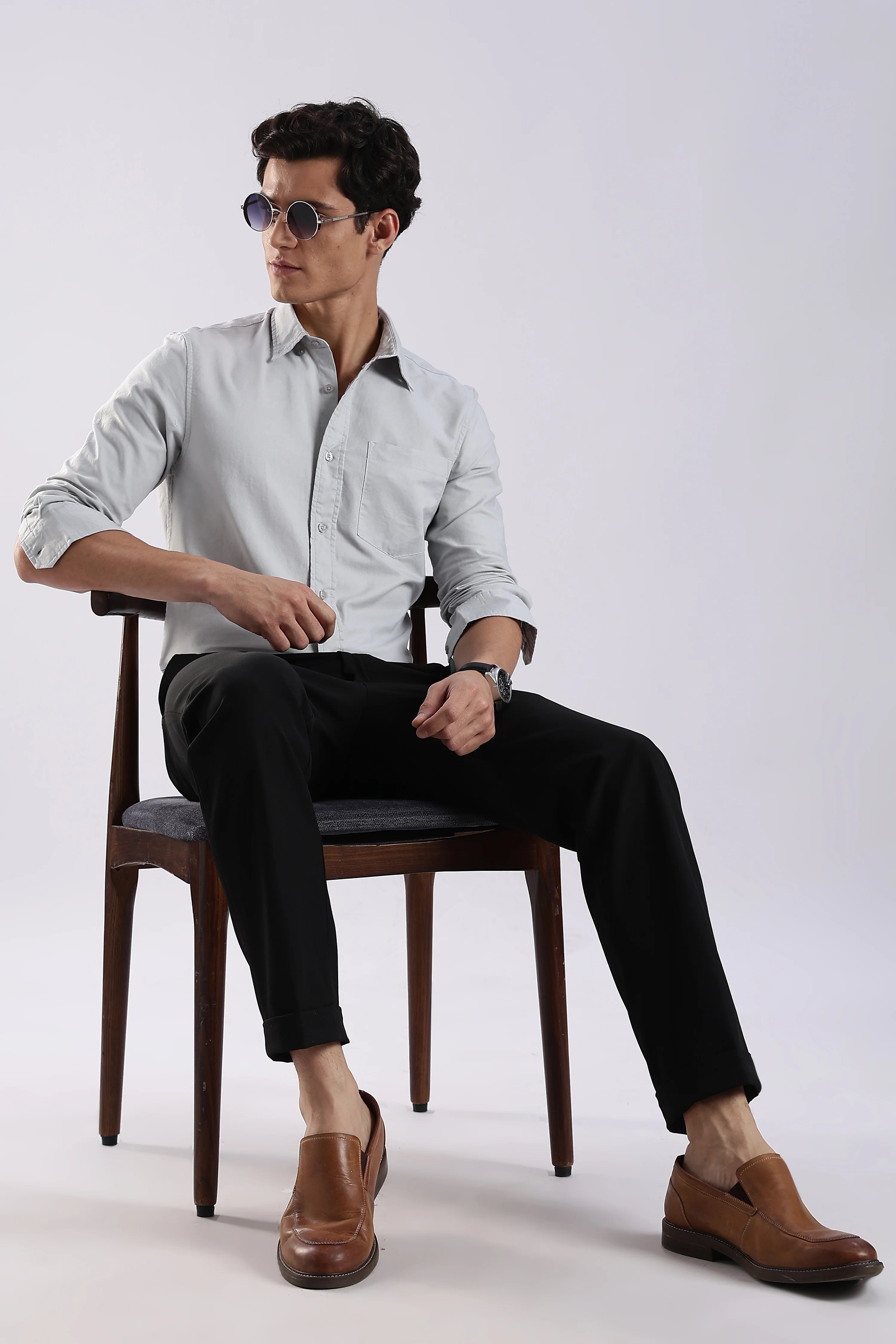 Men Off White Oxford Solid Shirt - Image 9