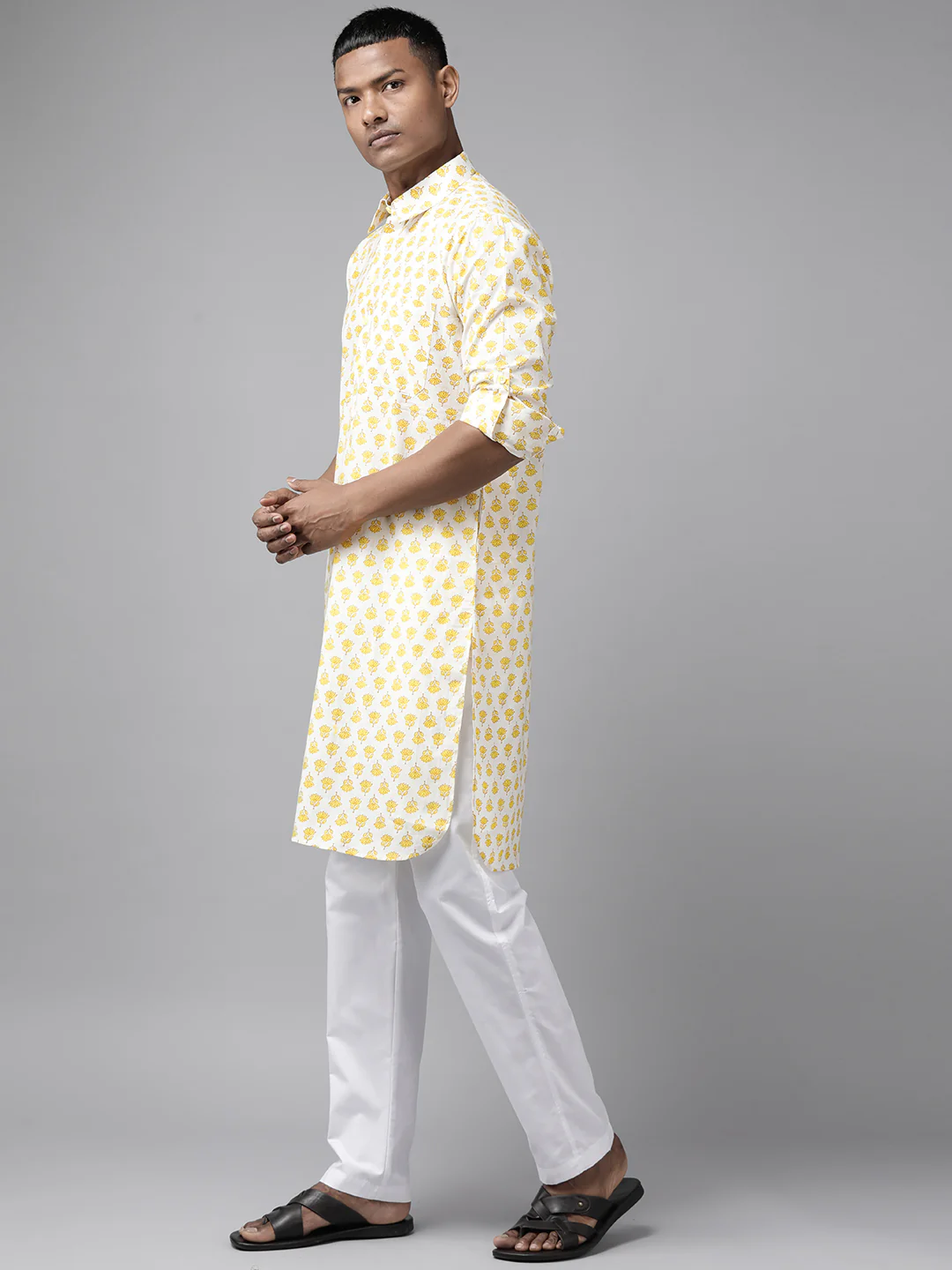 Men Off White Regular Pure Cotton Pathani Printed Men'S Kurta - Image 4