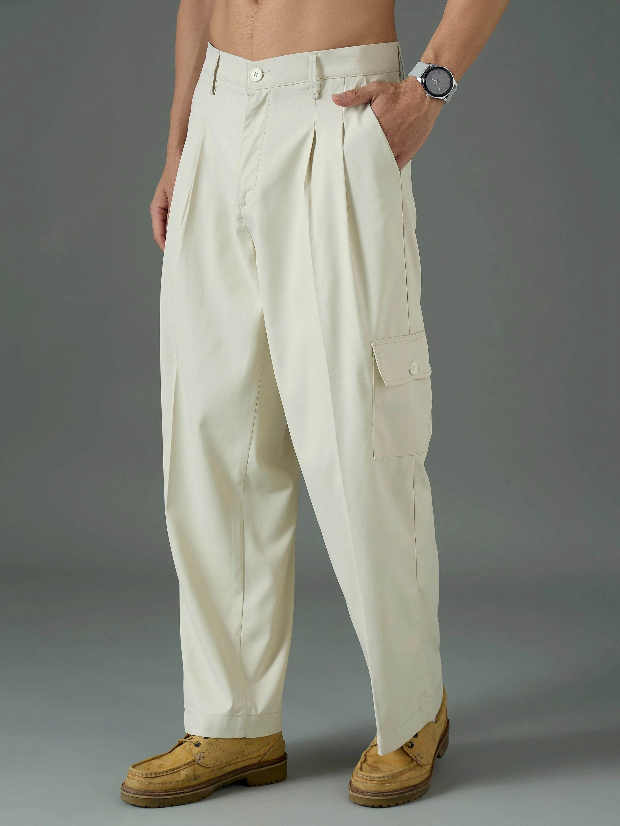 Men Off White Side Flap Pocket Relax Fit Korean Trouser - Image 4