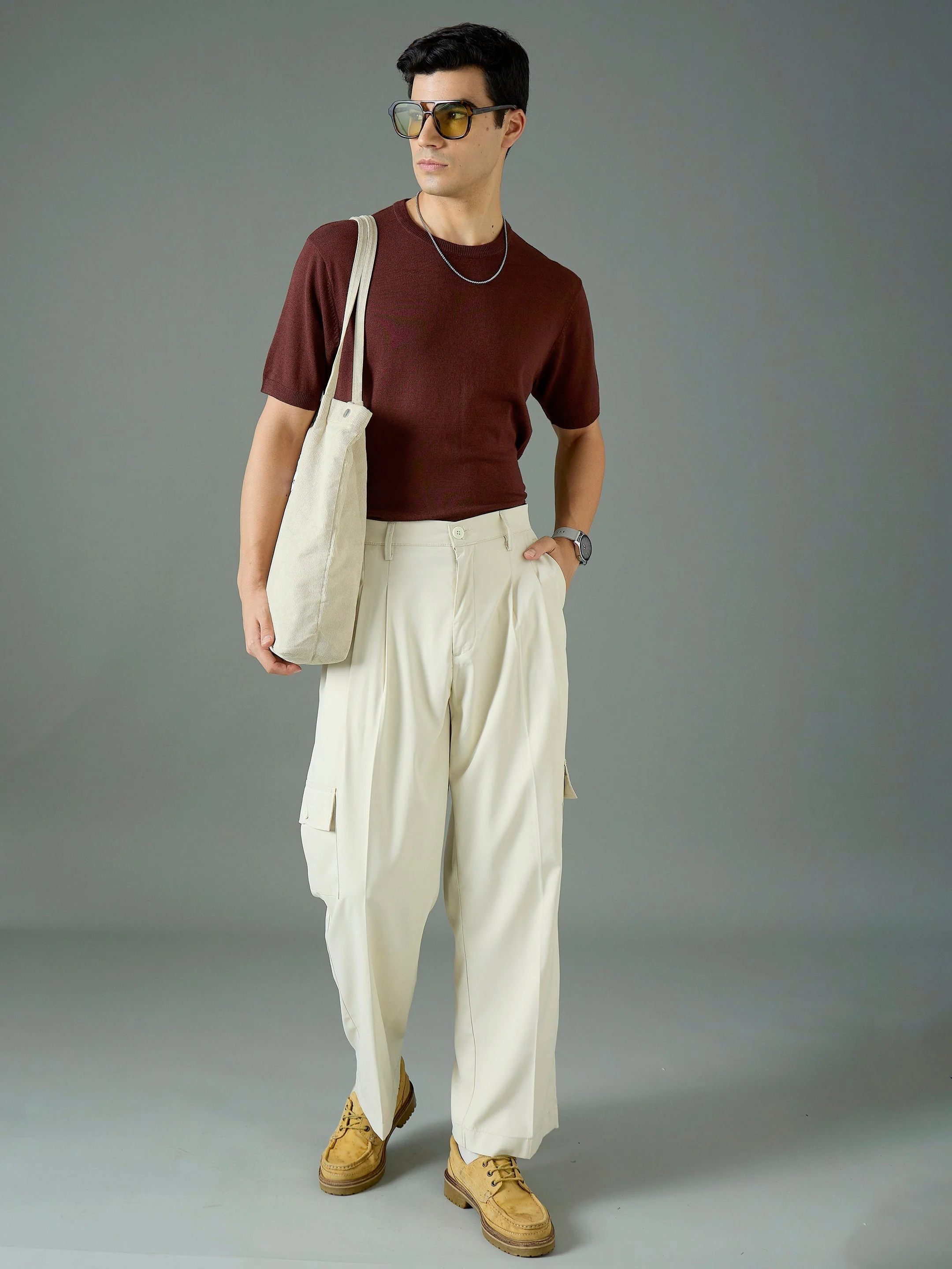 Men Off White Side Flap Pocket Relax Fit Korean Trouser - Image 5
