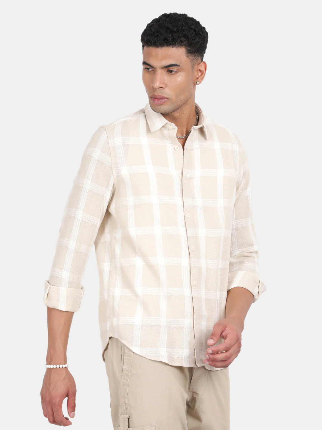 Men Off white Slim Fit Spread Collar Full Sleeve Casual Shirt - Image 5