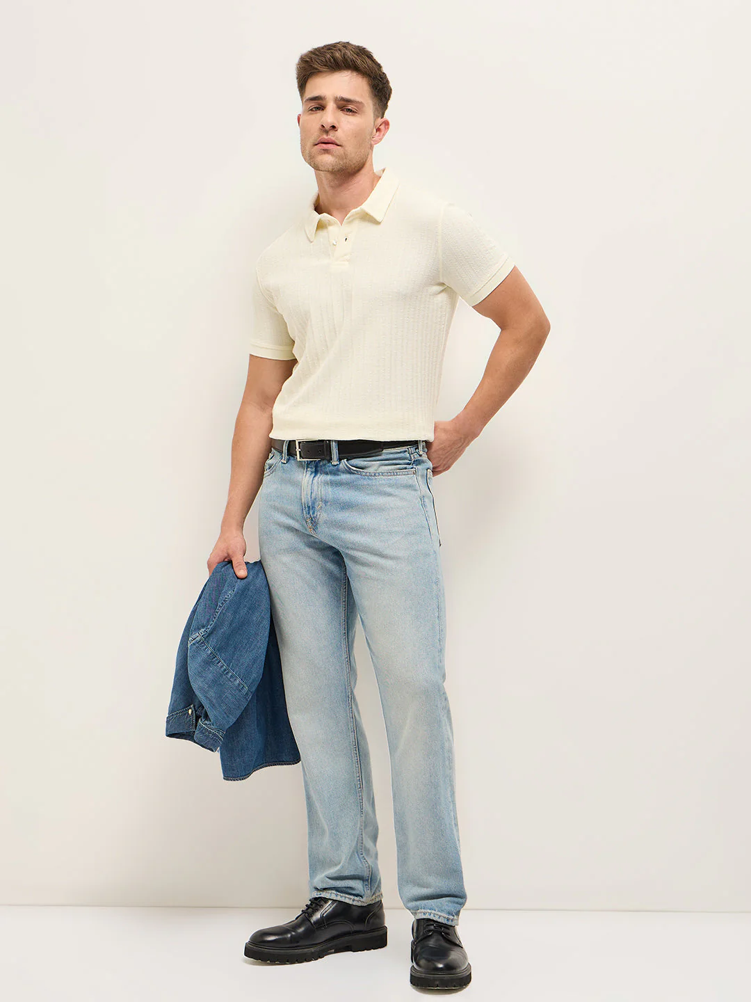 Men Off-White Texture Slim Fit Polo - Image 4