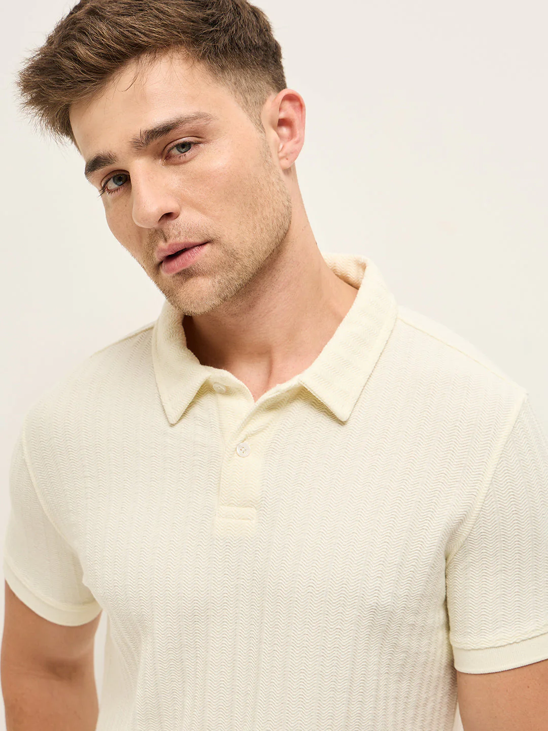 Men Off-White Texture Slim Fit Polo - Image 5