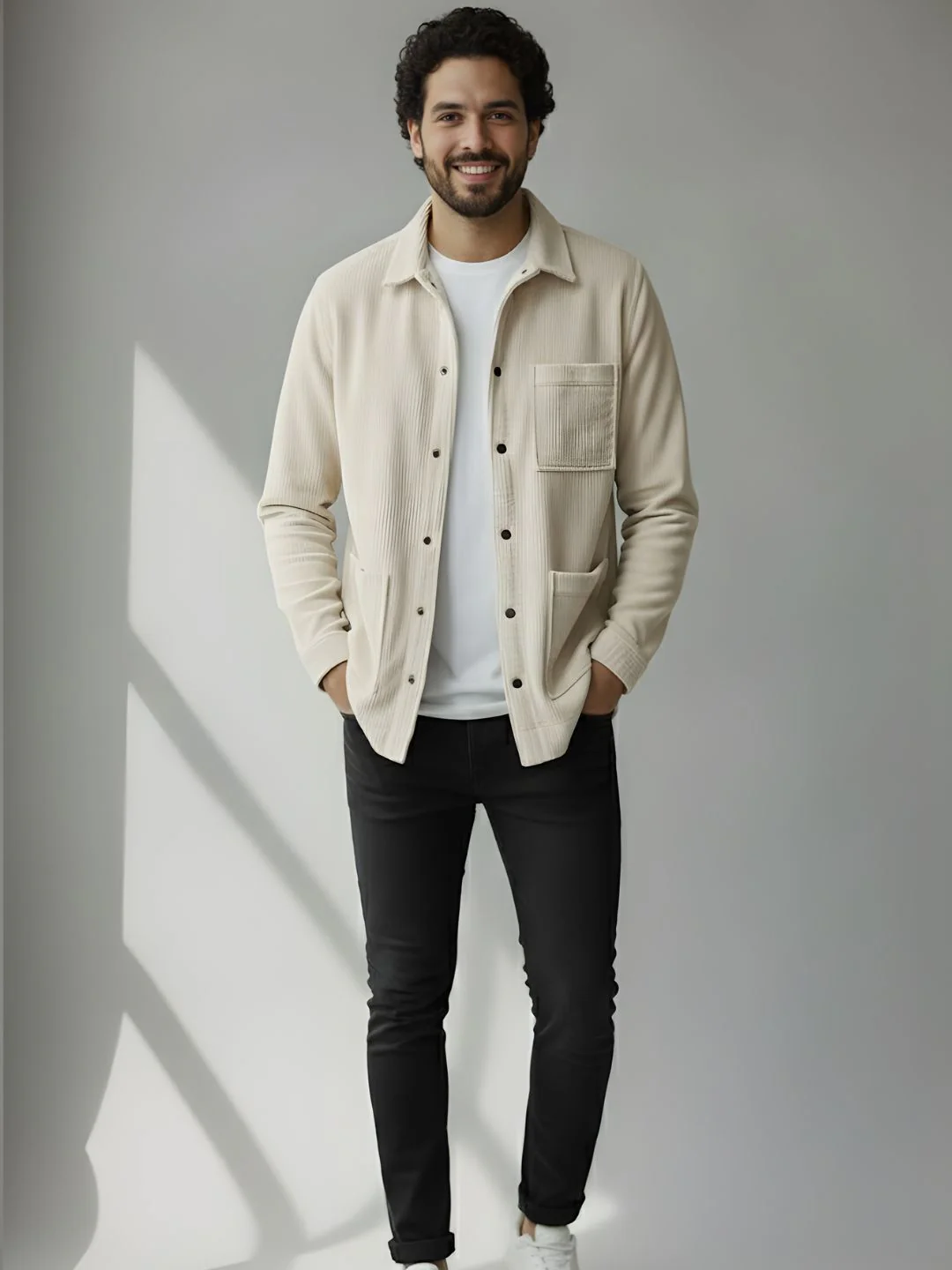 Men Off White Textured Casual Jacket - Image 3
