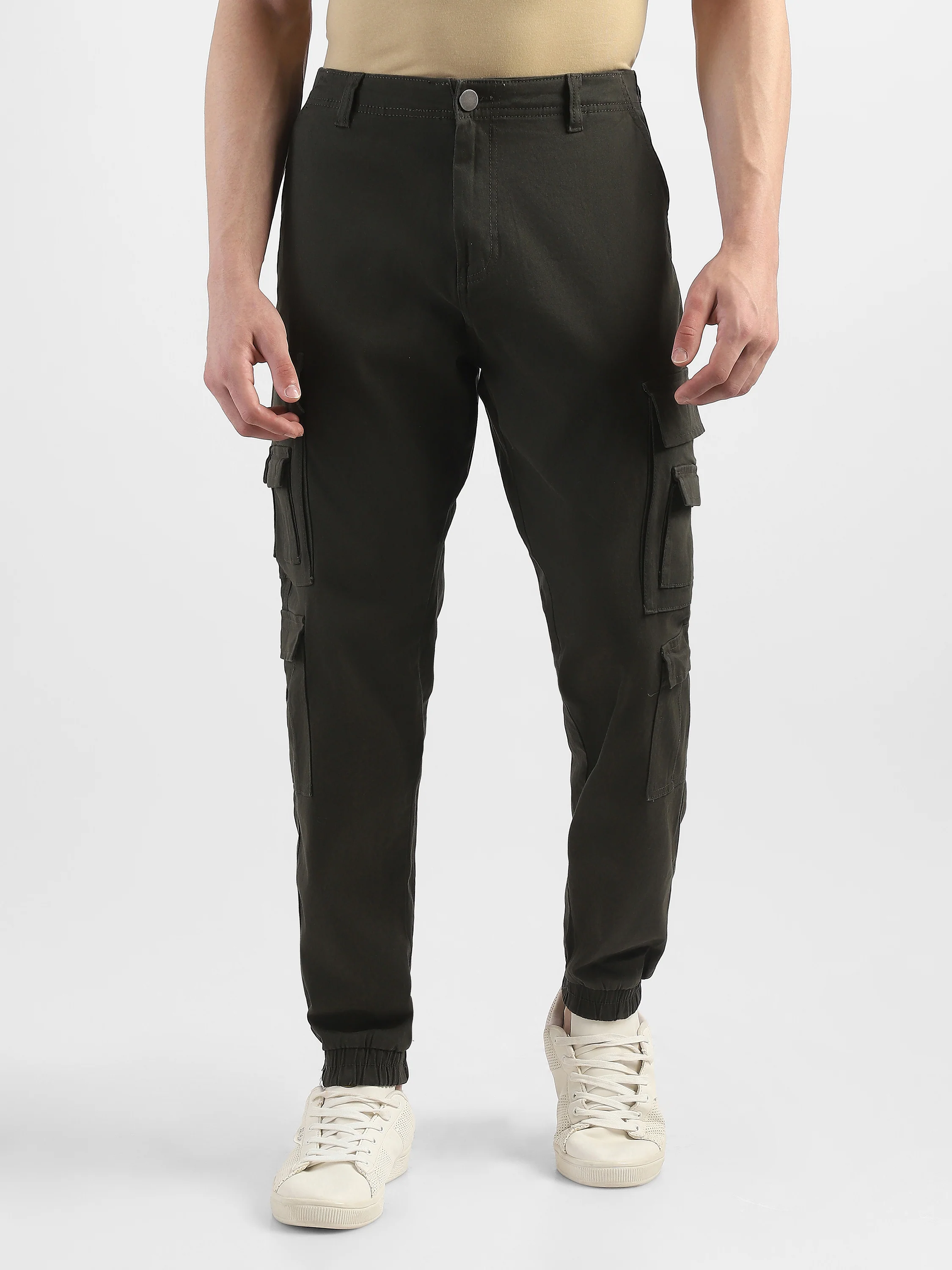 Men Olive Cotton Blend Cargo Pants with 12 pockets - Image 3