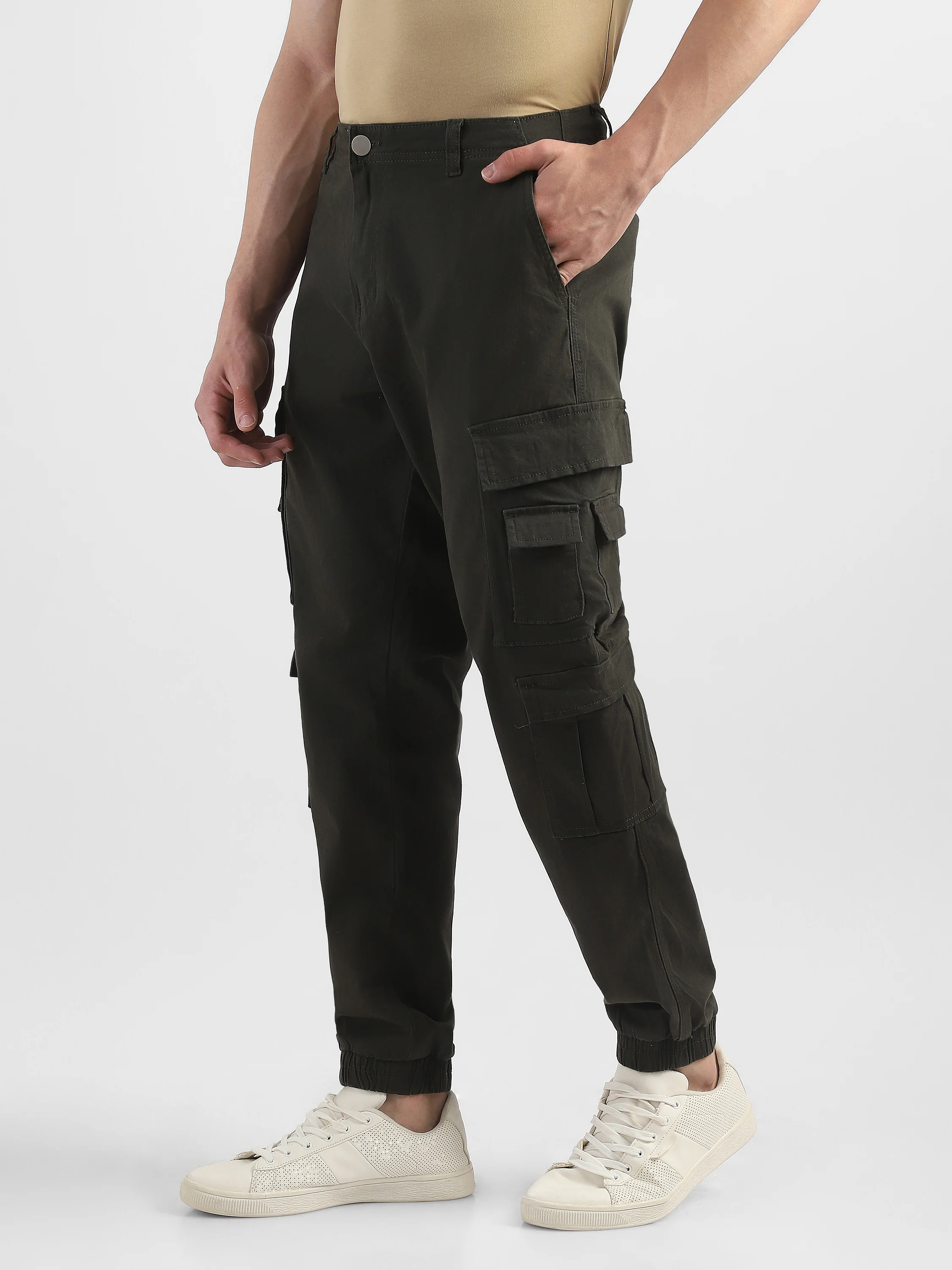 Men Olive Cotton Blend Cargo Pants with 12 pockets - Image 4