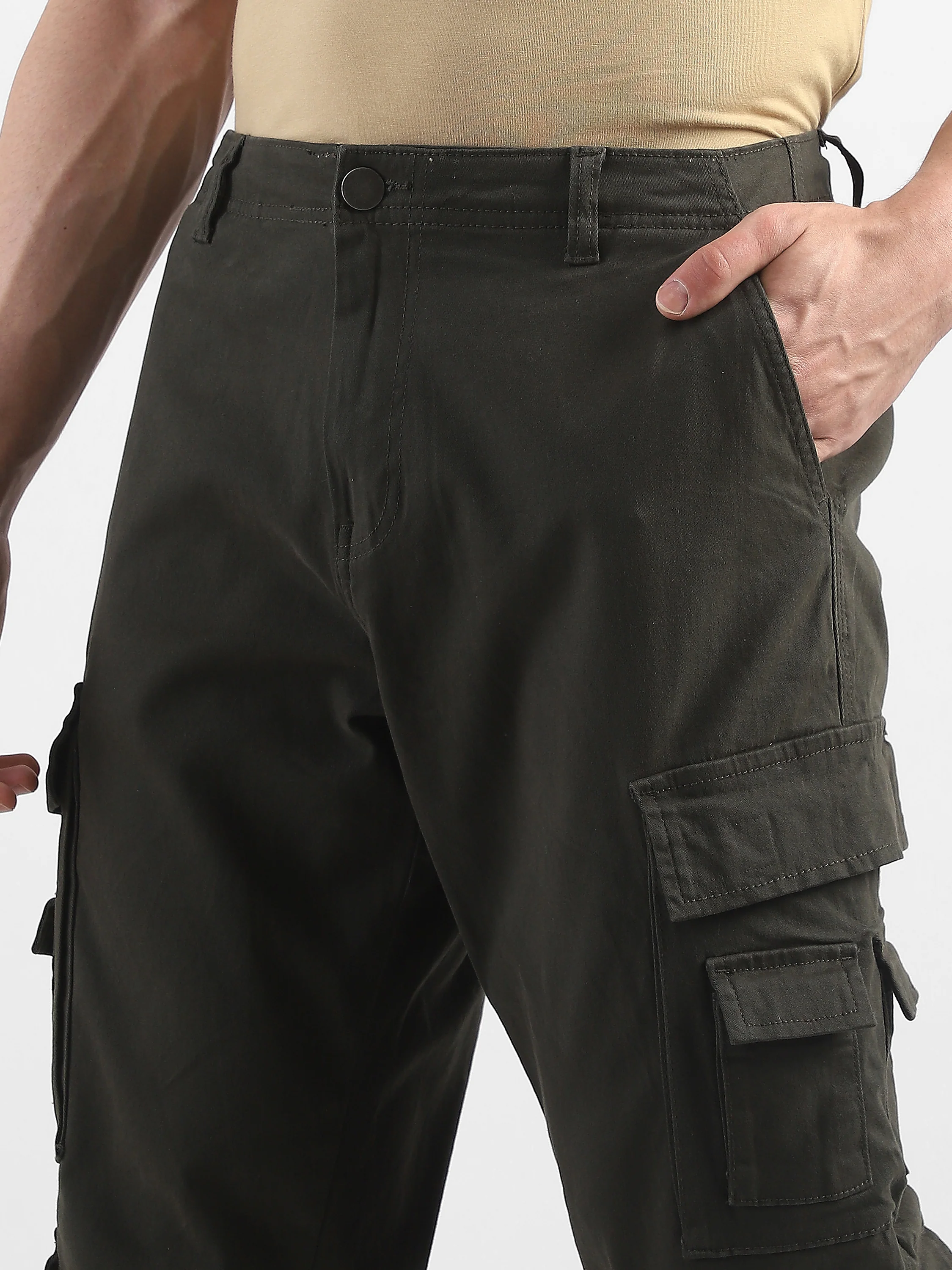 Men Olive Cotton Blend Cargo Pants with 12 pockets - Image 6