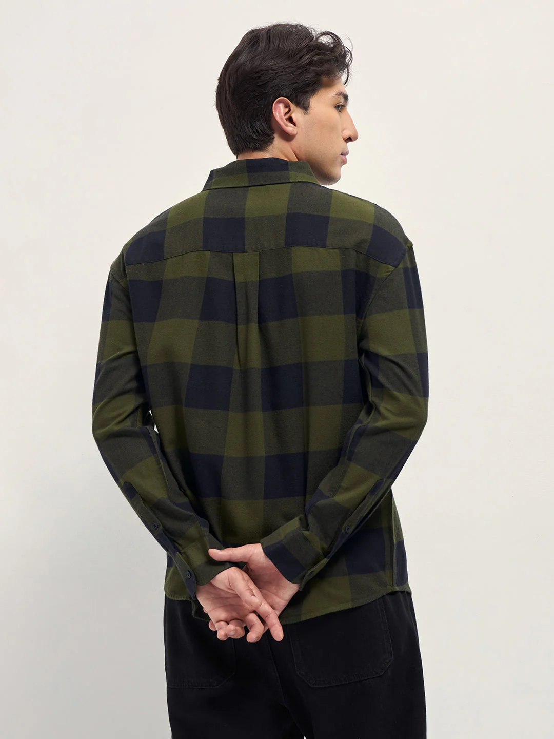Men Olive and Navy Blue Buffalo Checked Relaxed Fit Casual Shirt - Image 2