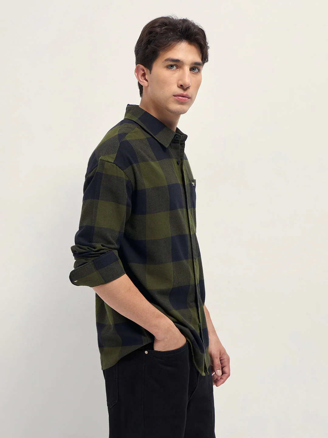 Men Olive and Navy Blue Buffalo Checked Relaxed Fit Casual Shirt - Image 3