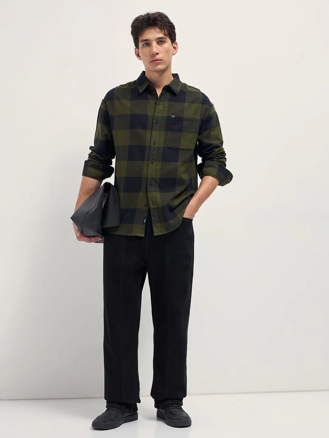 Men Olive and Navy Blue Buffalo Checked Relaxed Fit Casual Shirt - Image 4