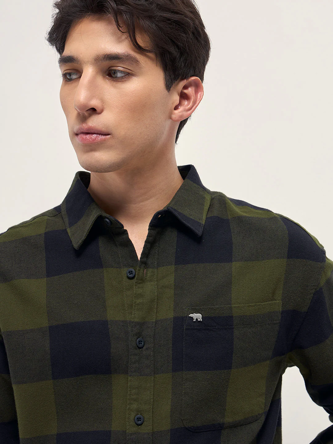 Men Olive and Navy Blue Buffalo Checked Relaxed Fit Casual Shirt - Image 5