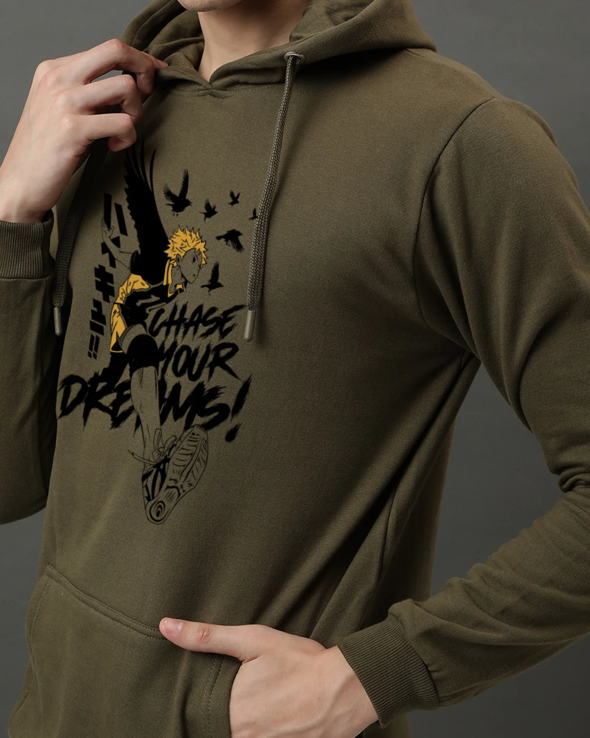 Men Olive Anime Hoodies - Image 3