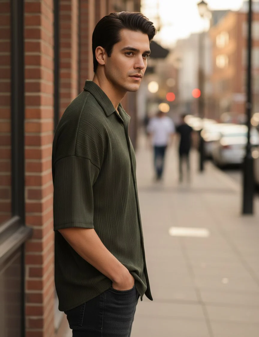 Men Olive  Button Down Collar Shirt - Image 3