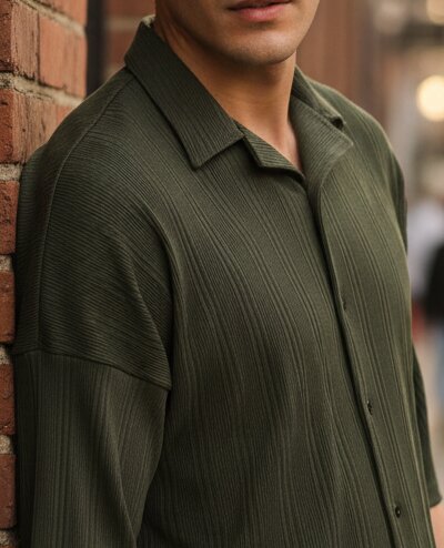 Men Olive  Button Down Collar Shirt - Image 4