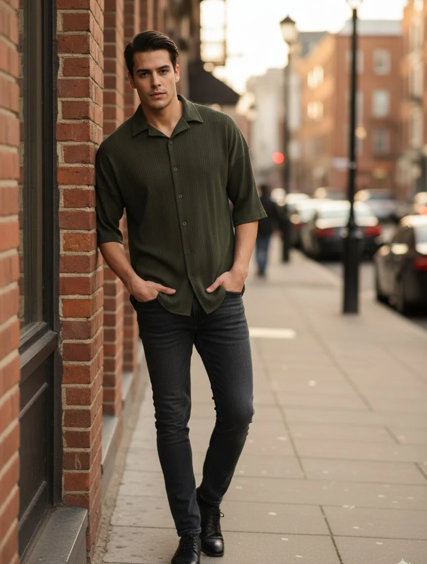 Men Olive  Button Down Collar Shirt - Image 5