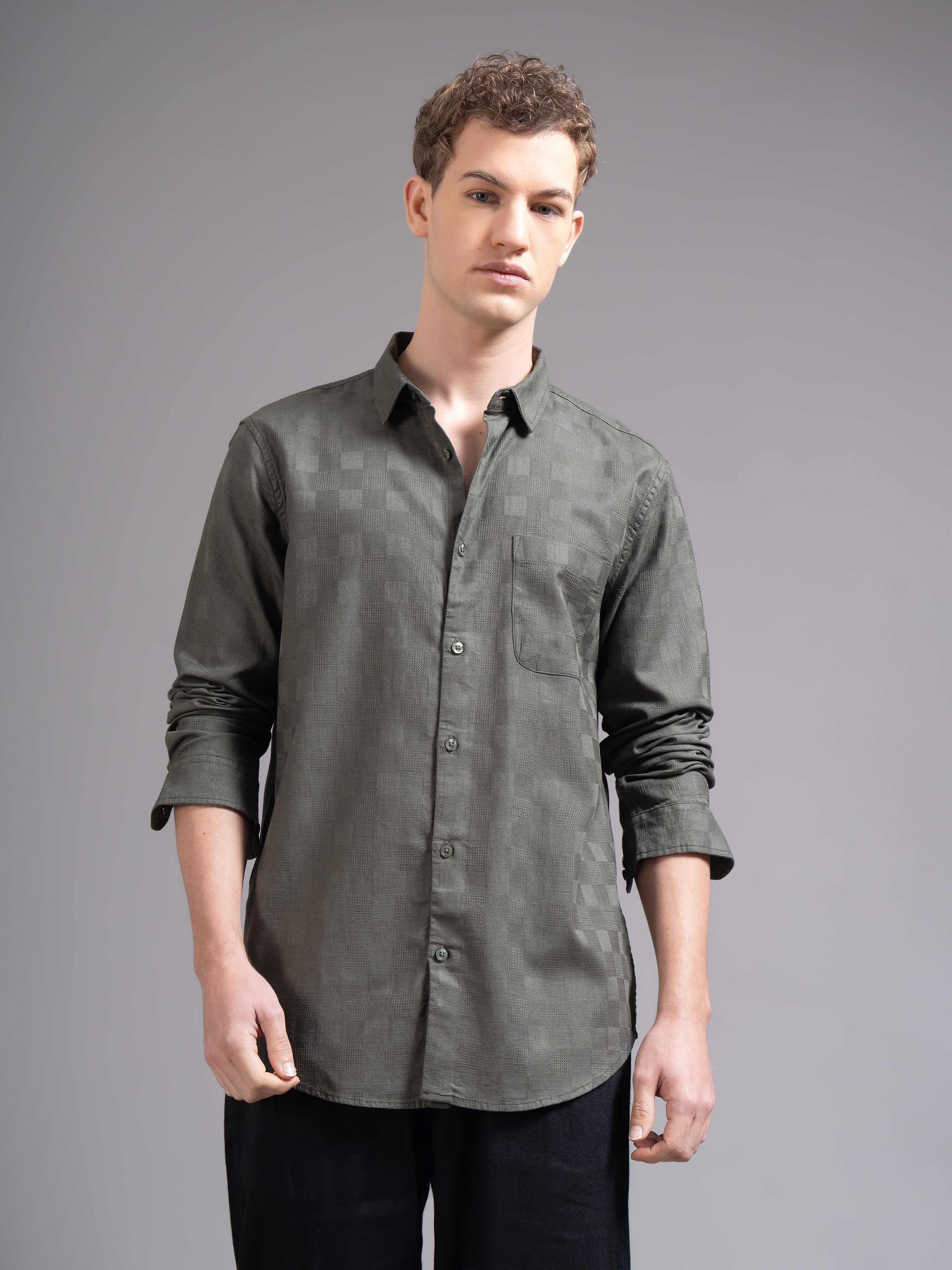 Men Olive Checked Shirt - Image 2
