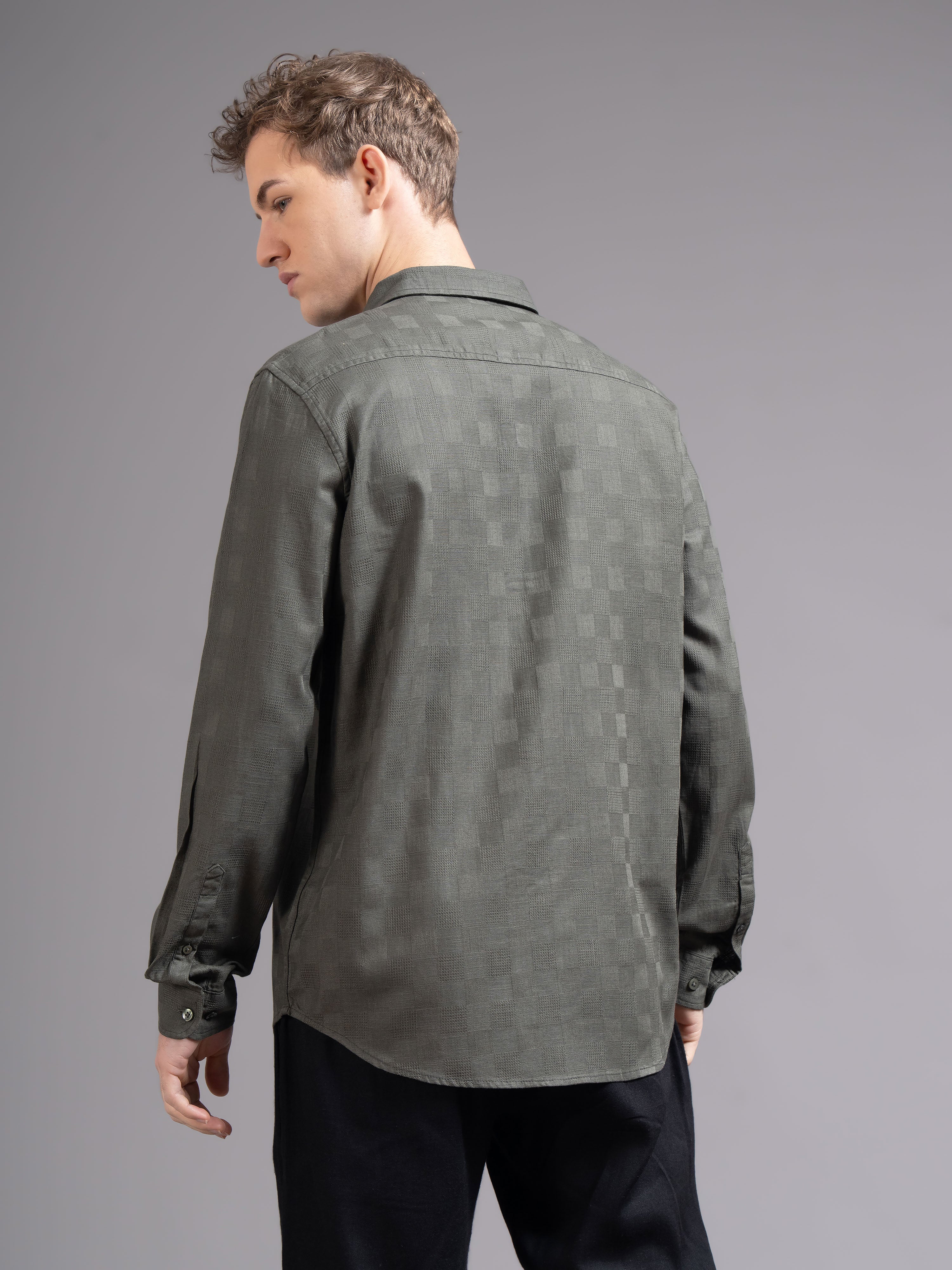 Men Olive Checked Shirt - Image 3