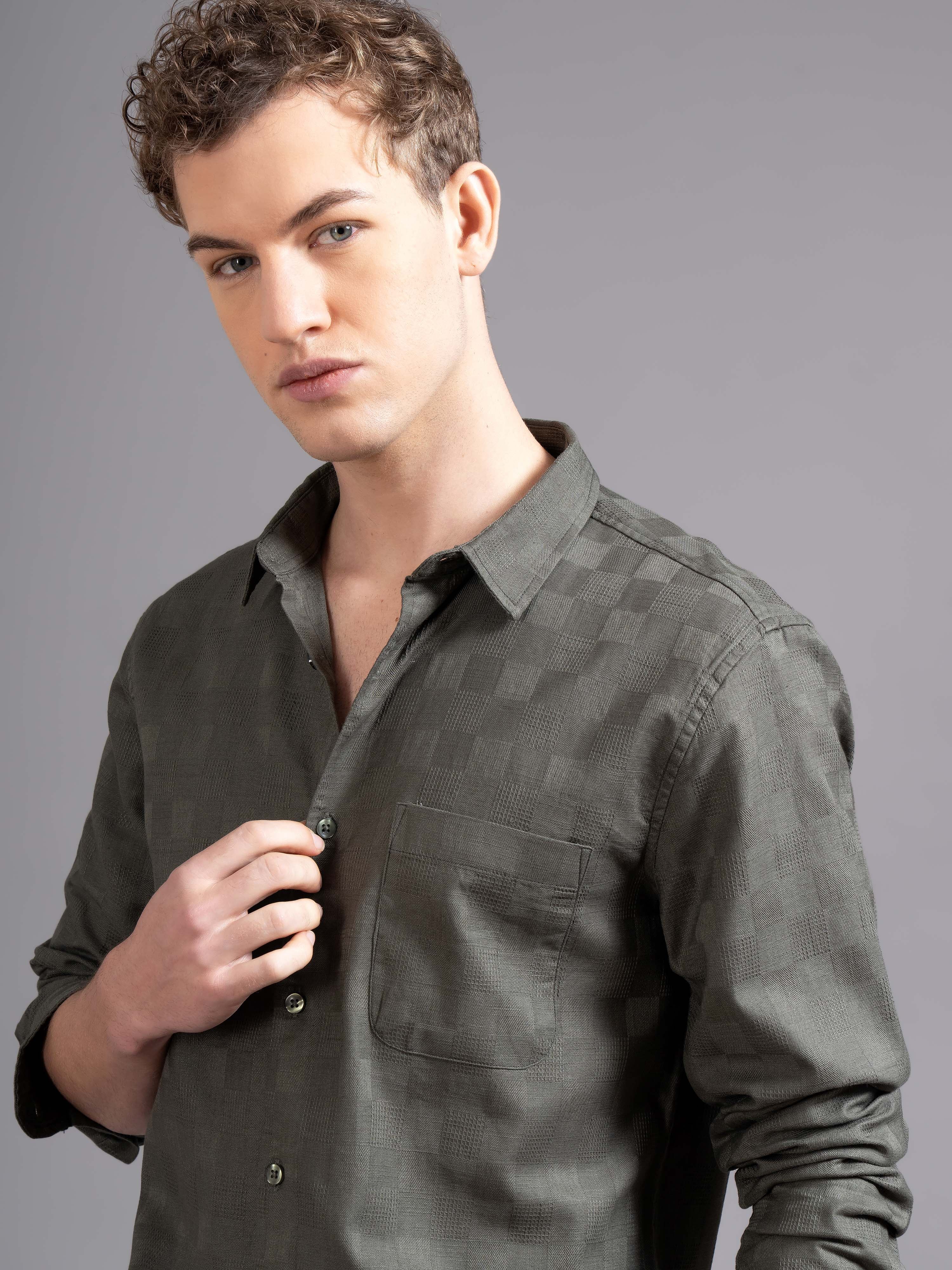 Men Olive Checked Shirt - Image 4