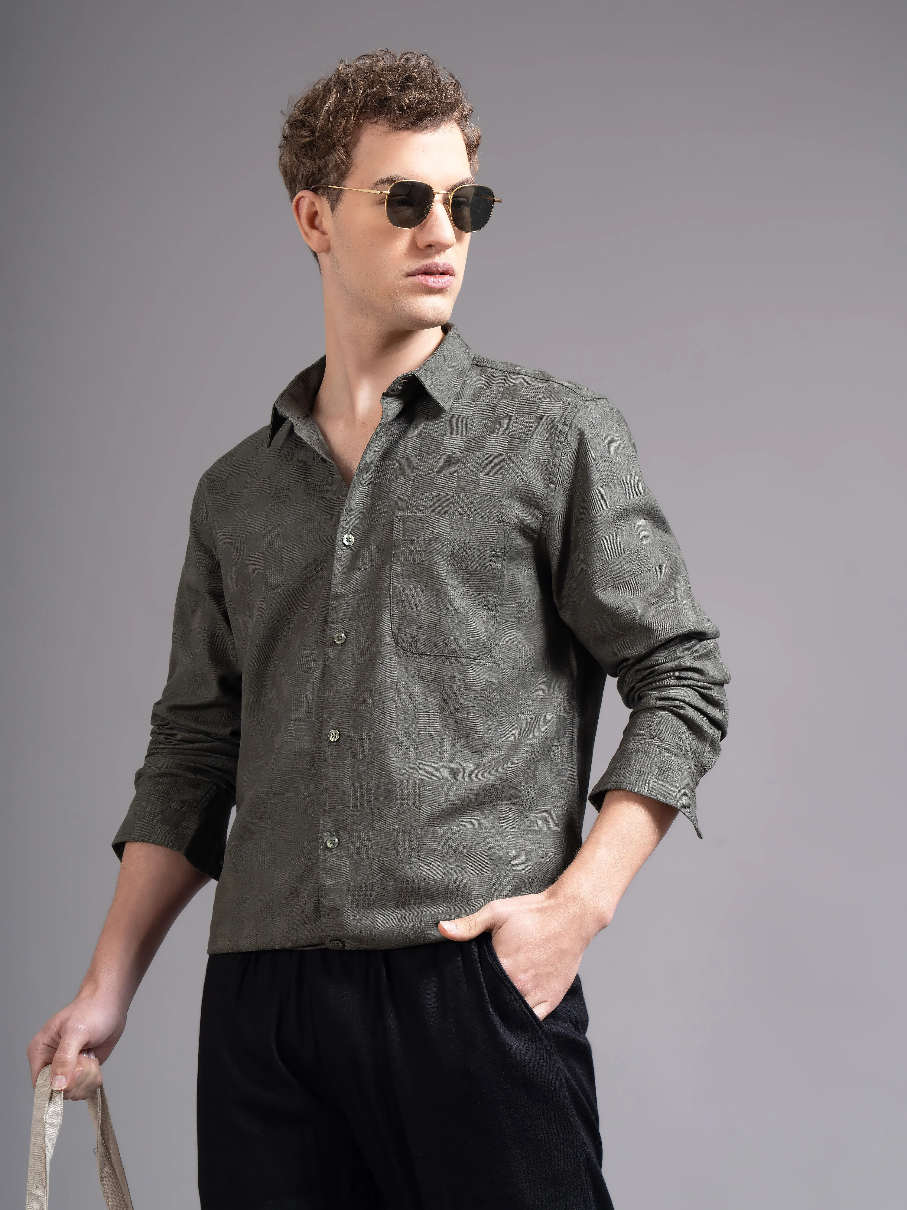 Men Olive Checked Shirt - Image 5
