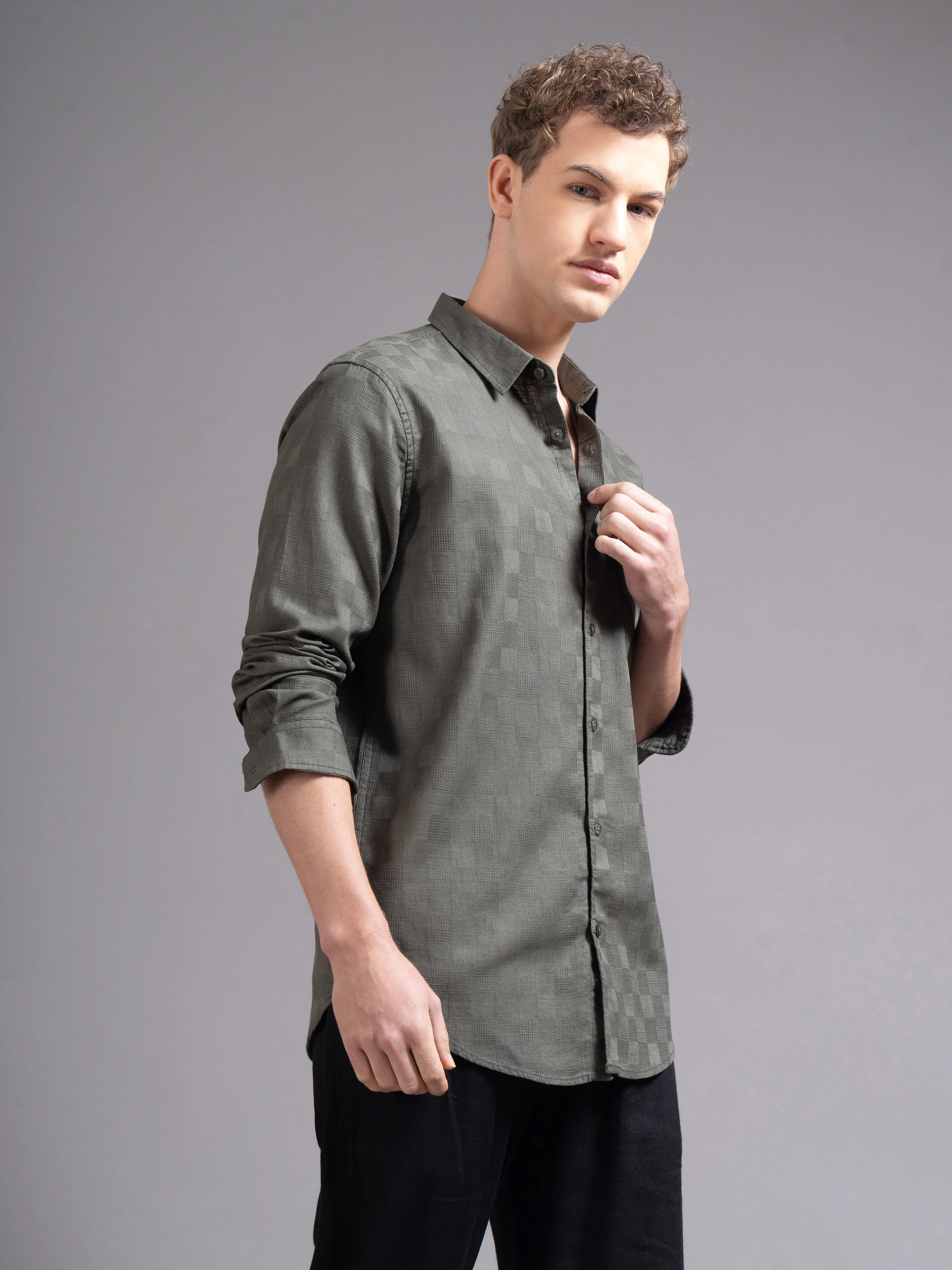Men Olive Checked Shirt - Image 6