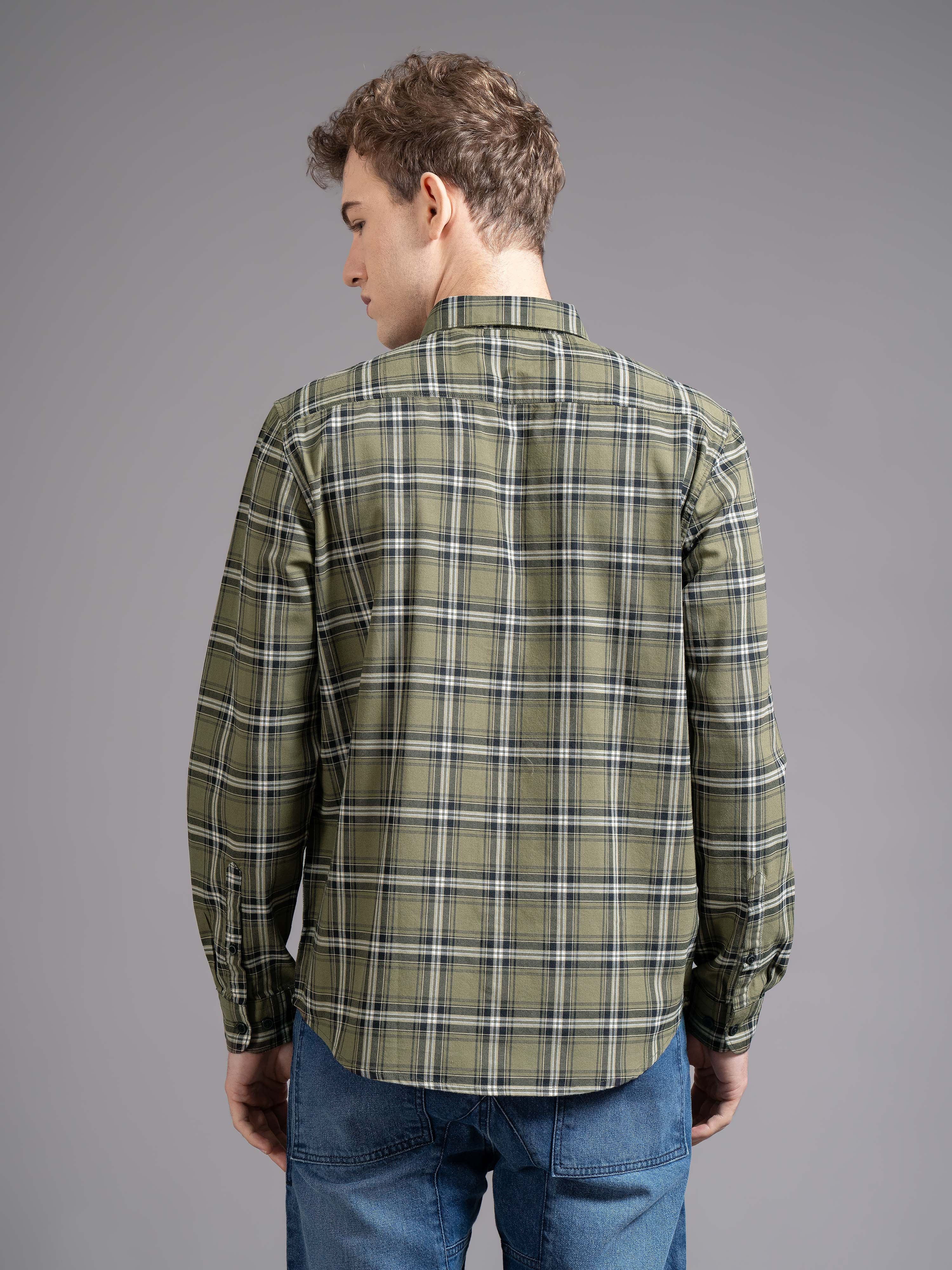 Men Olive Checked Shirt - Image 2