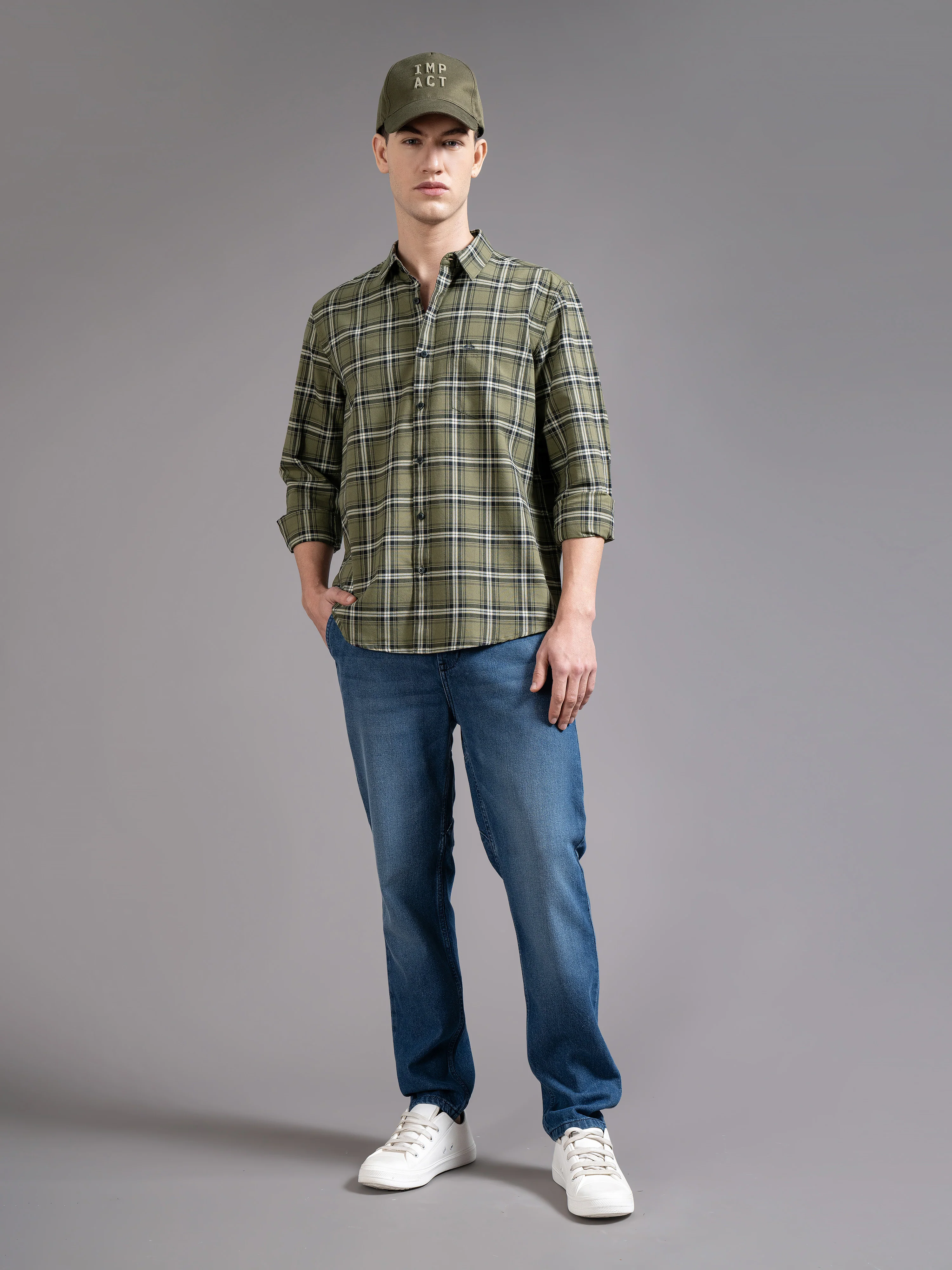 Men Olive Checked Shirt - Image 3