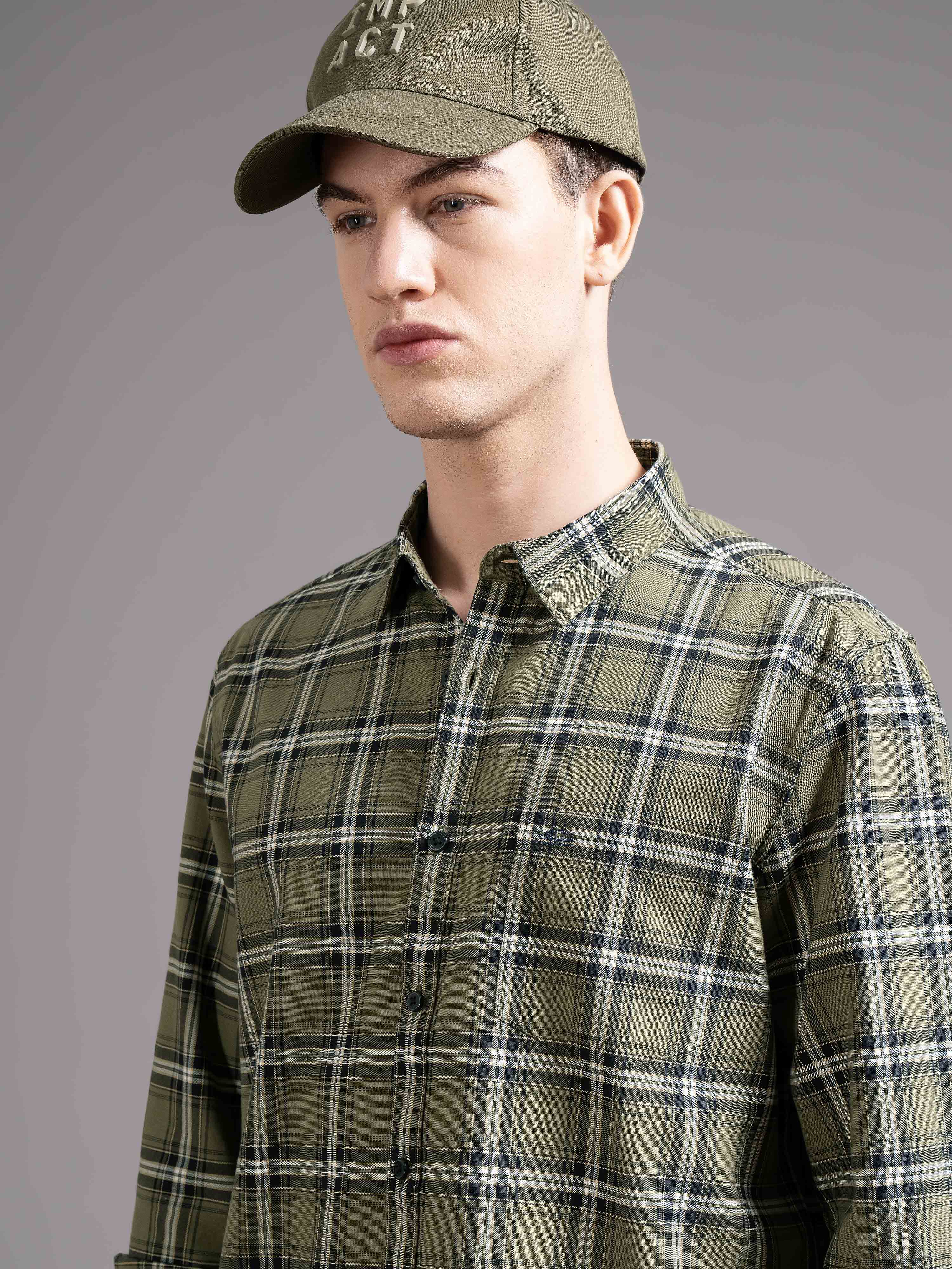 Men Olive Checked Shirt - Image 4