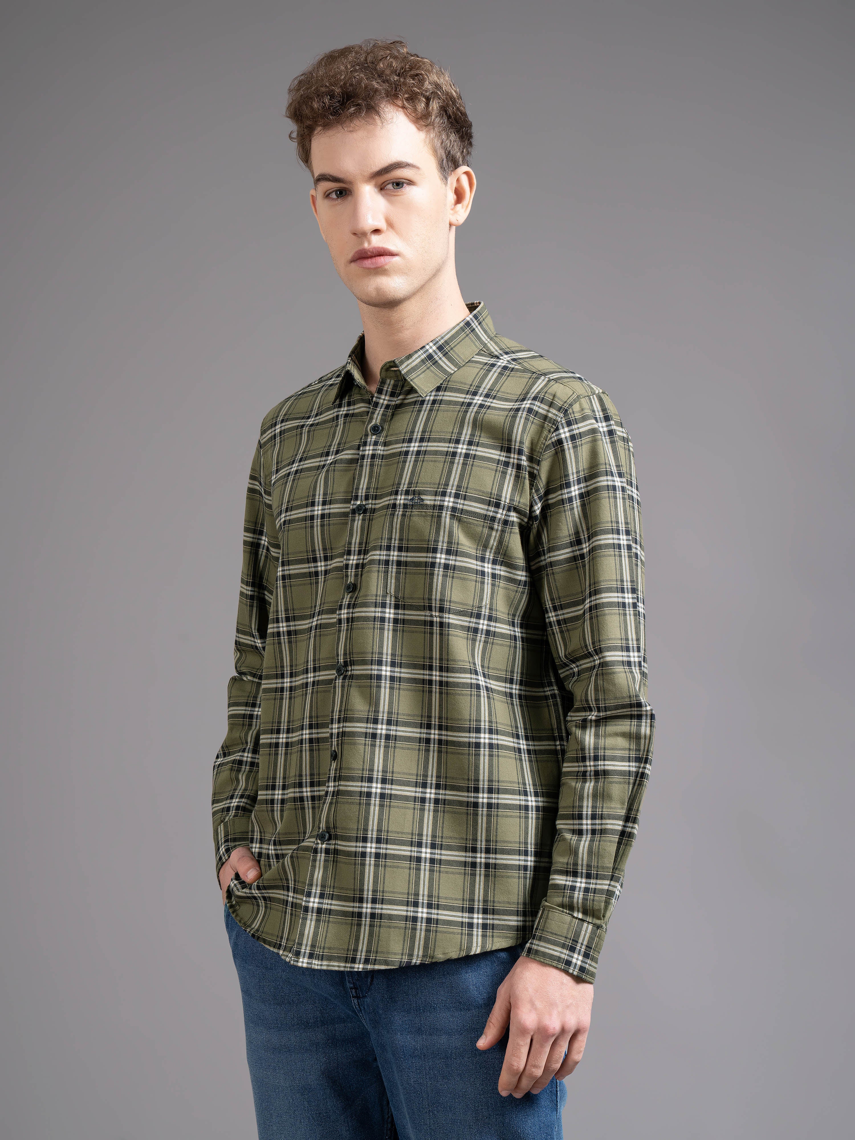 Men Olive Checked Shirt - Image 5