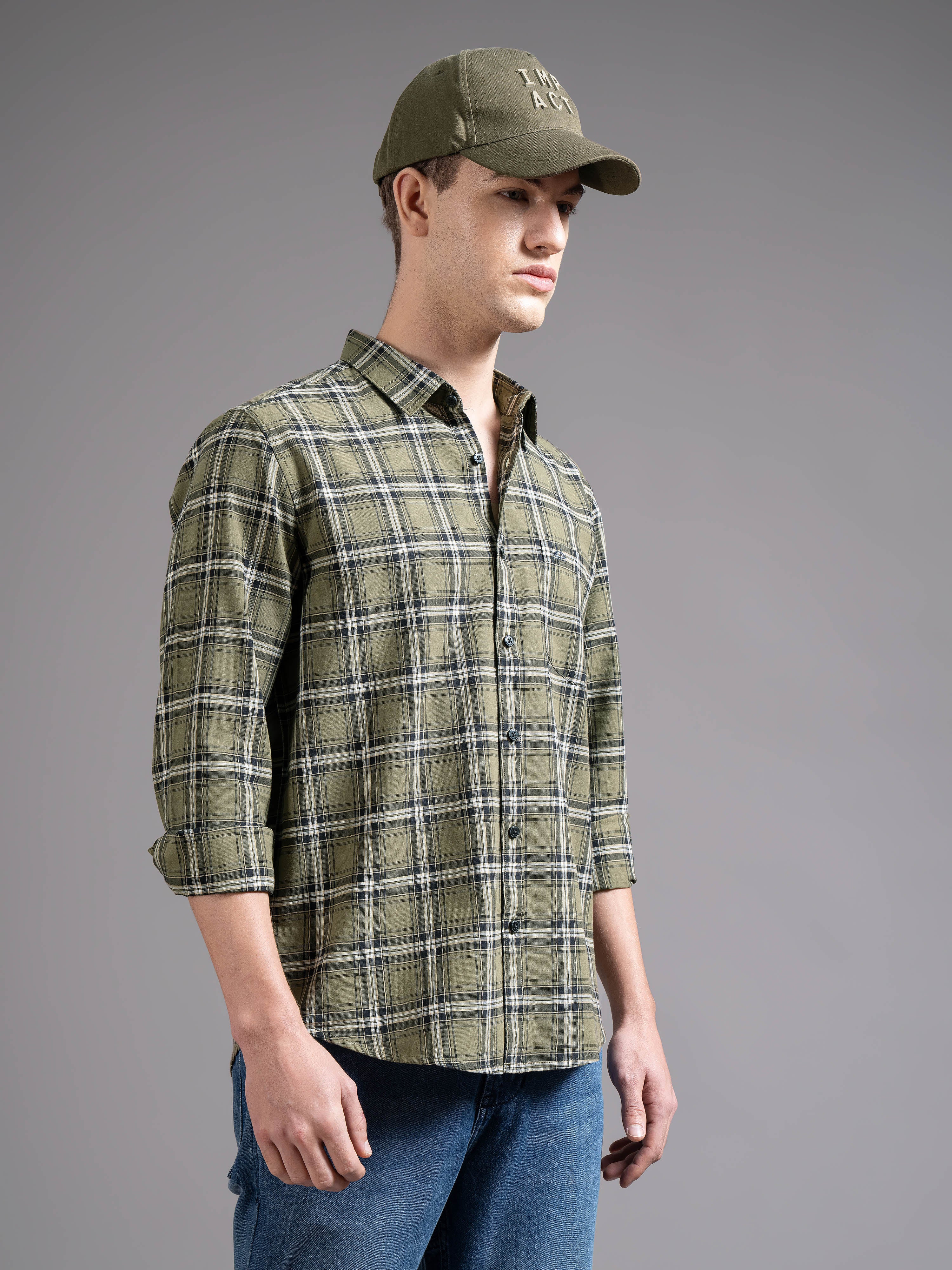 Men Olive Checked Shirt - Image 6