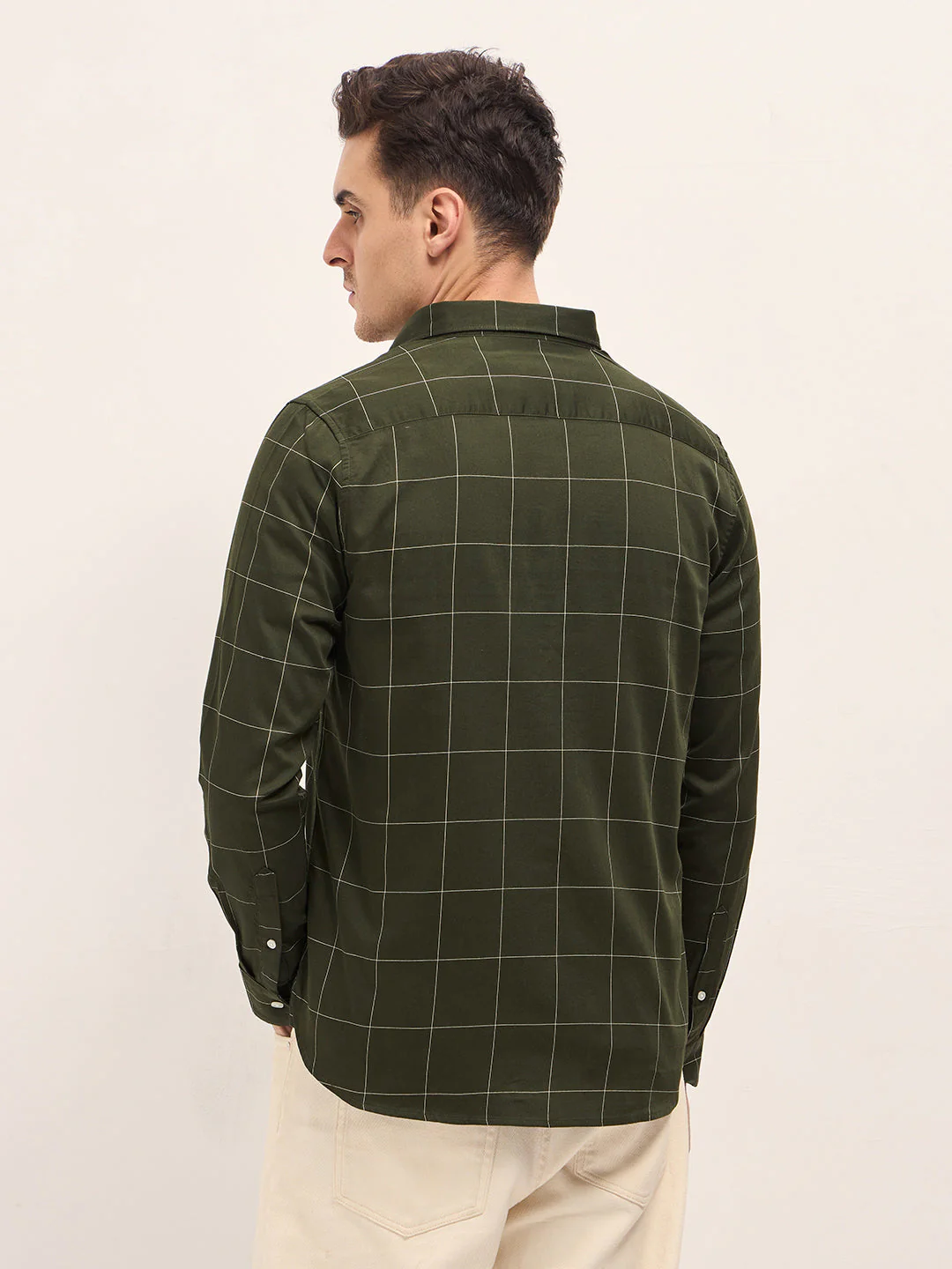 Men Olive Checkered Slim Fit Casual Shirt - Image 2