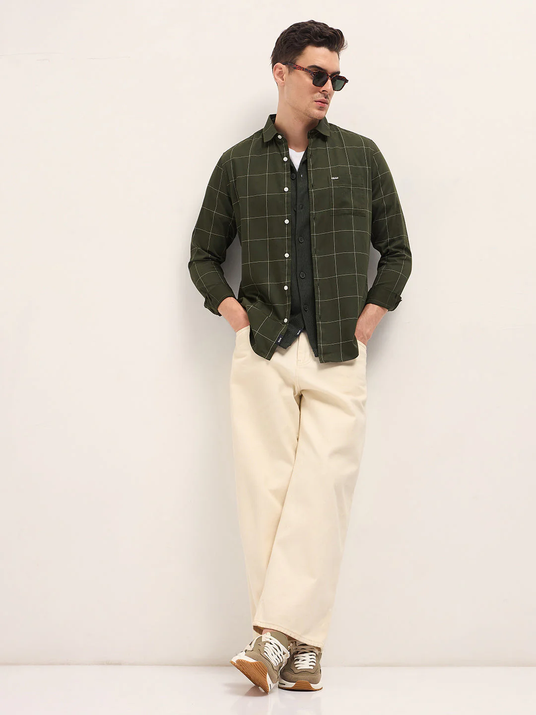 Men Olive Checkered Slim Fit Casual Shirt - Image 4