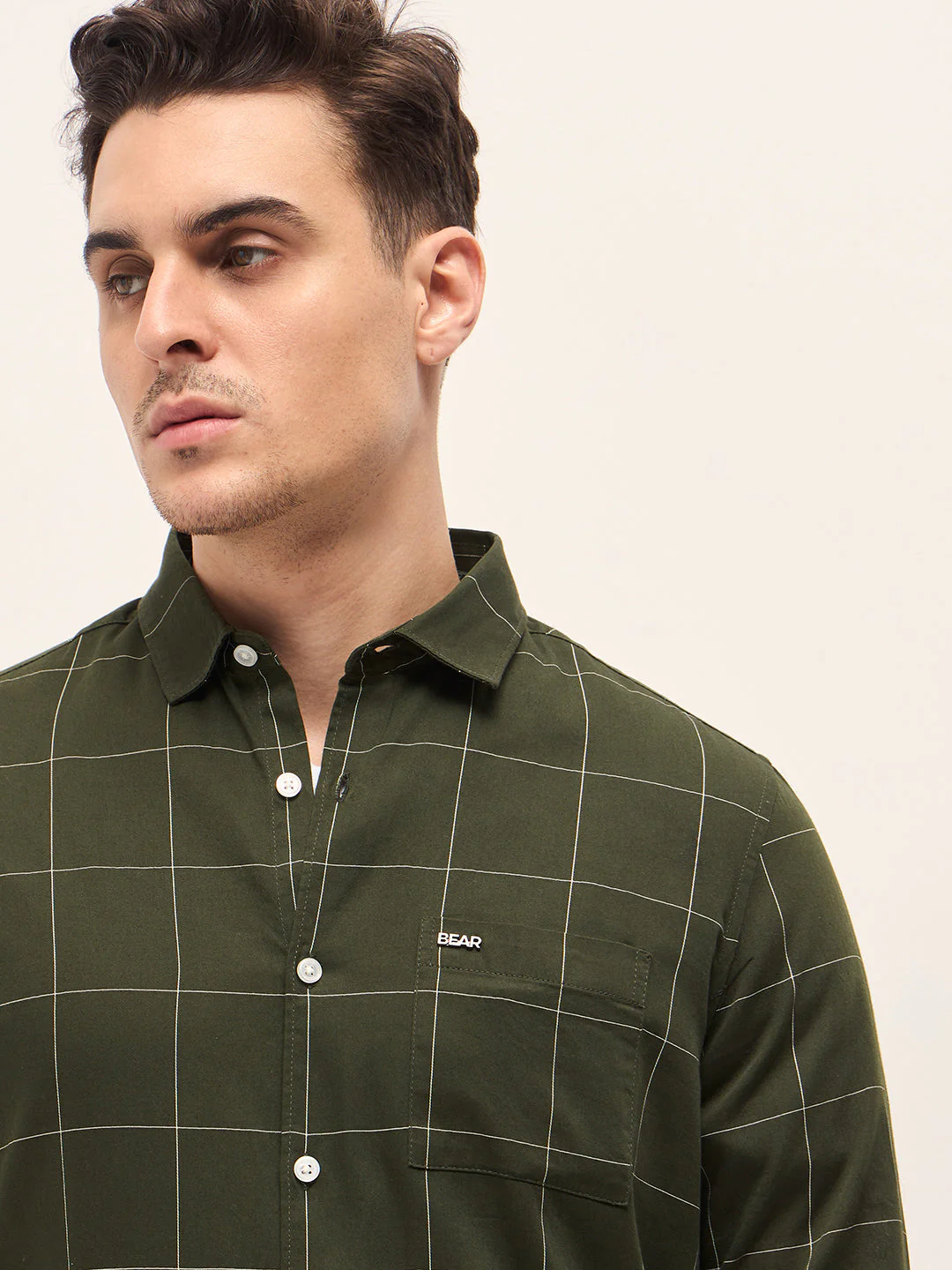 Men Olive Checkered Slim Fit Casual Shirt - Image 5