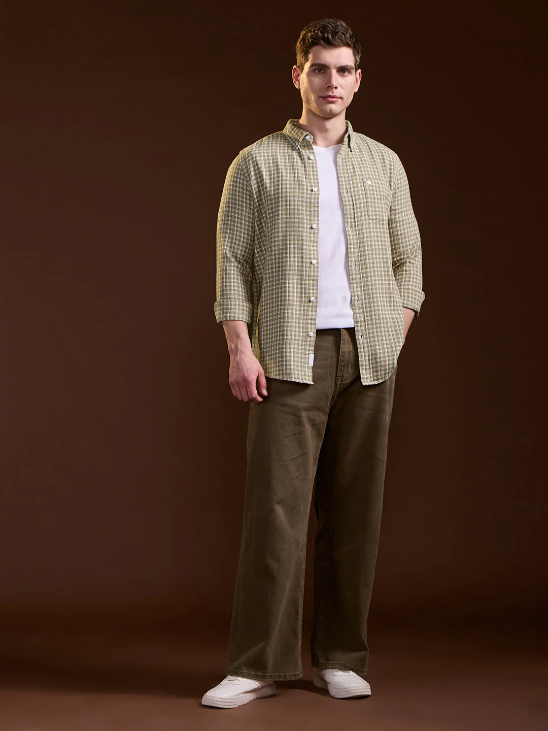 Men Olive Checkered Slim Fit Casual Shirt - Image 4