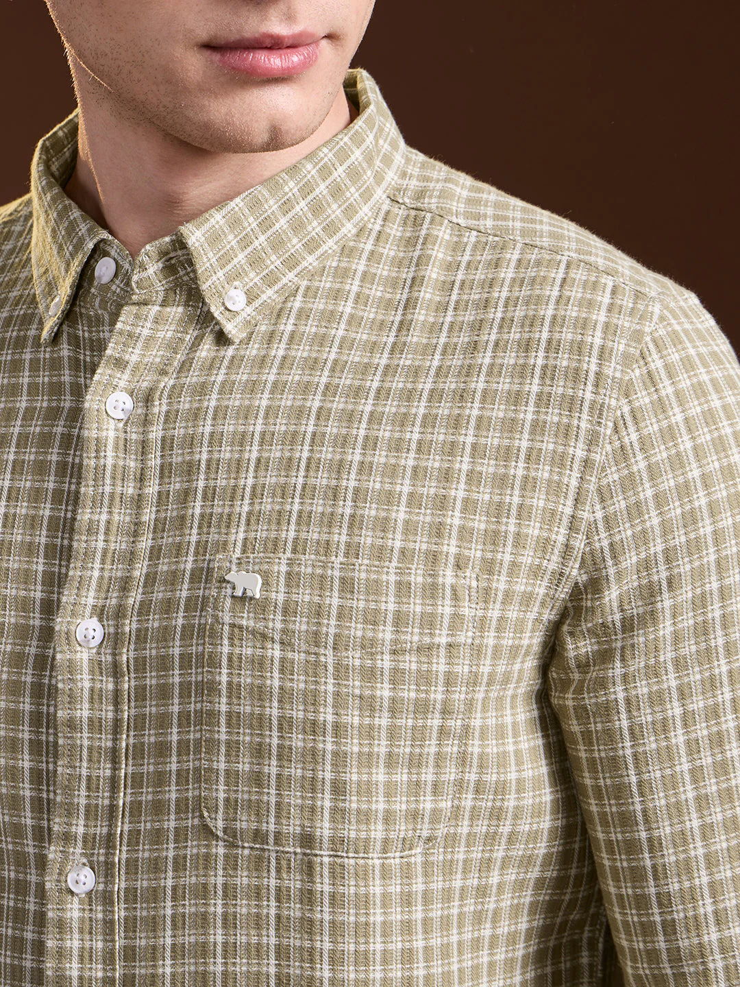 Men Olive Checkered Slim Fit Casual Shirt - Image 5