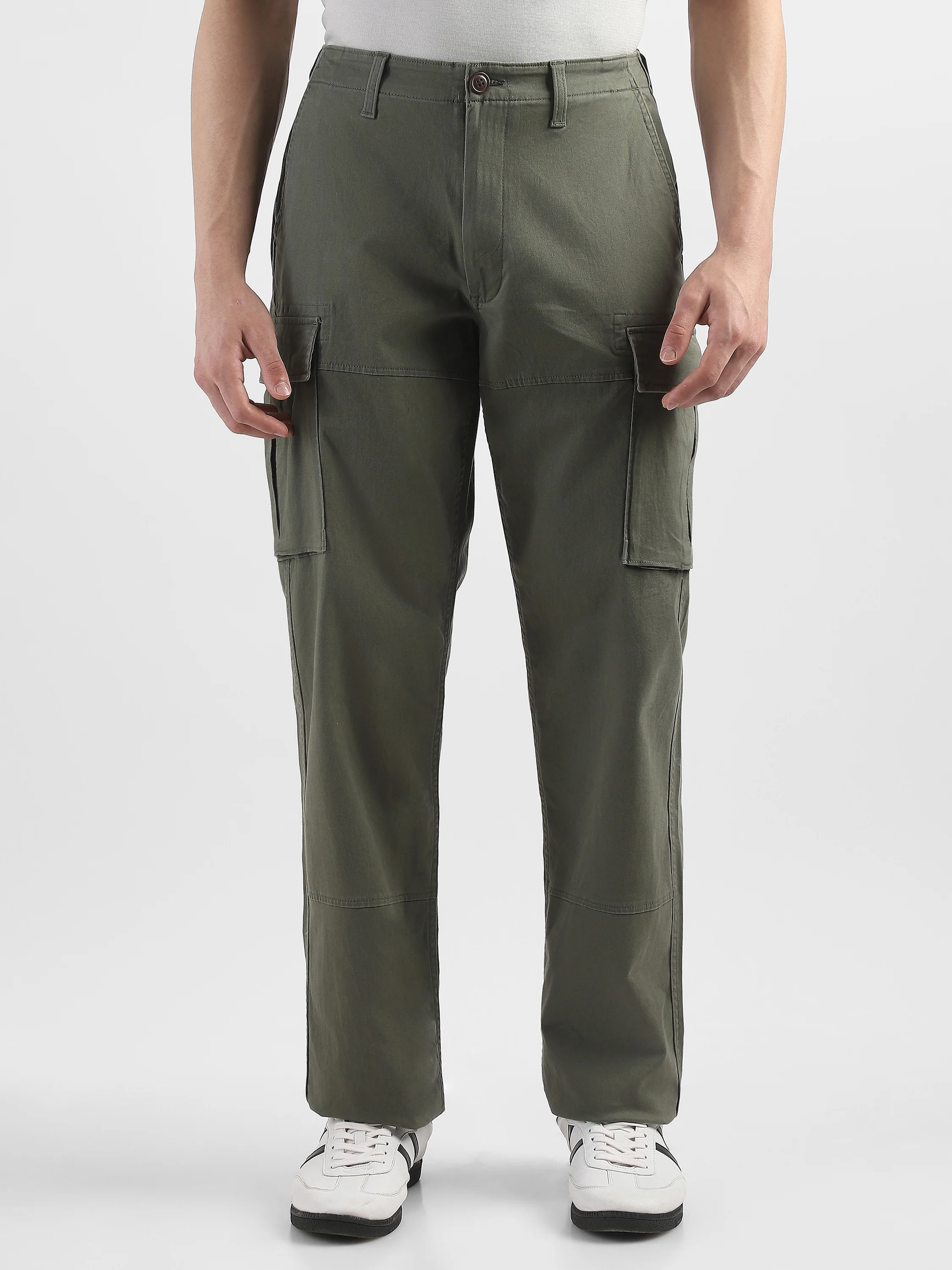 Men Olive Cotton Mid Rise Cargo Pants - Image 2