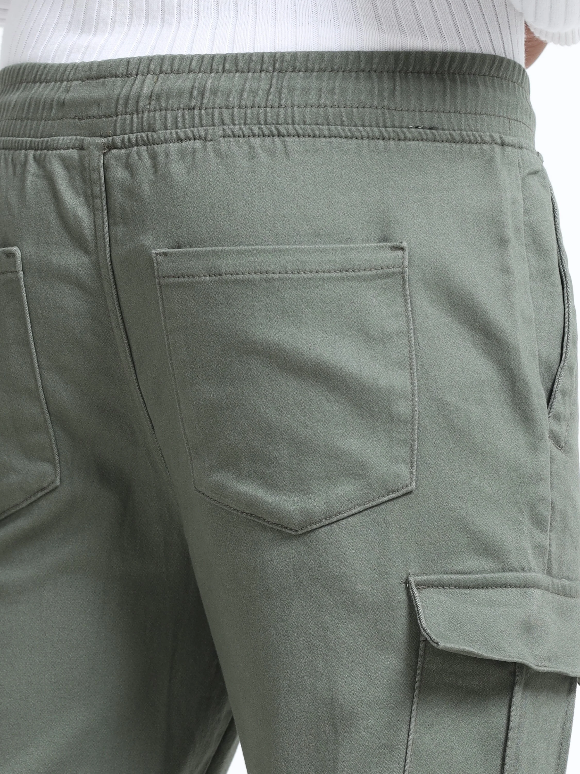 Men Cotton Stretch Olive Cargo Pants - Image 4